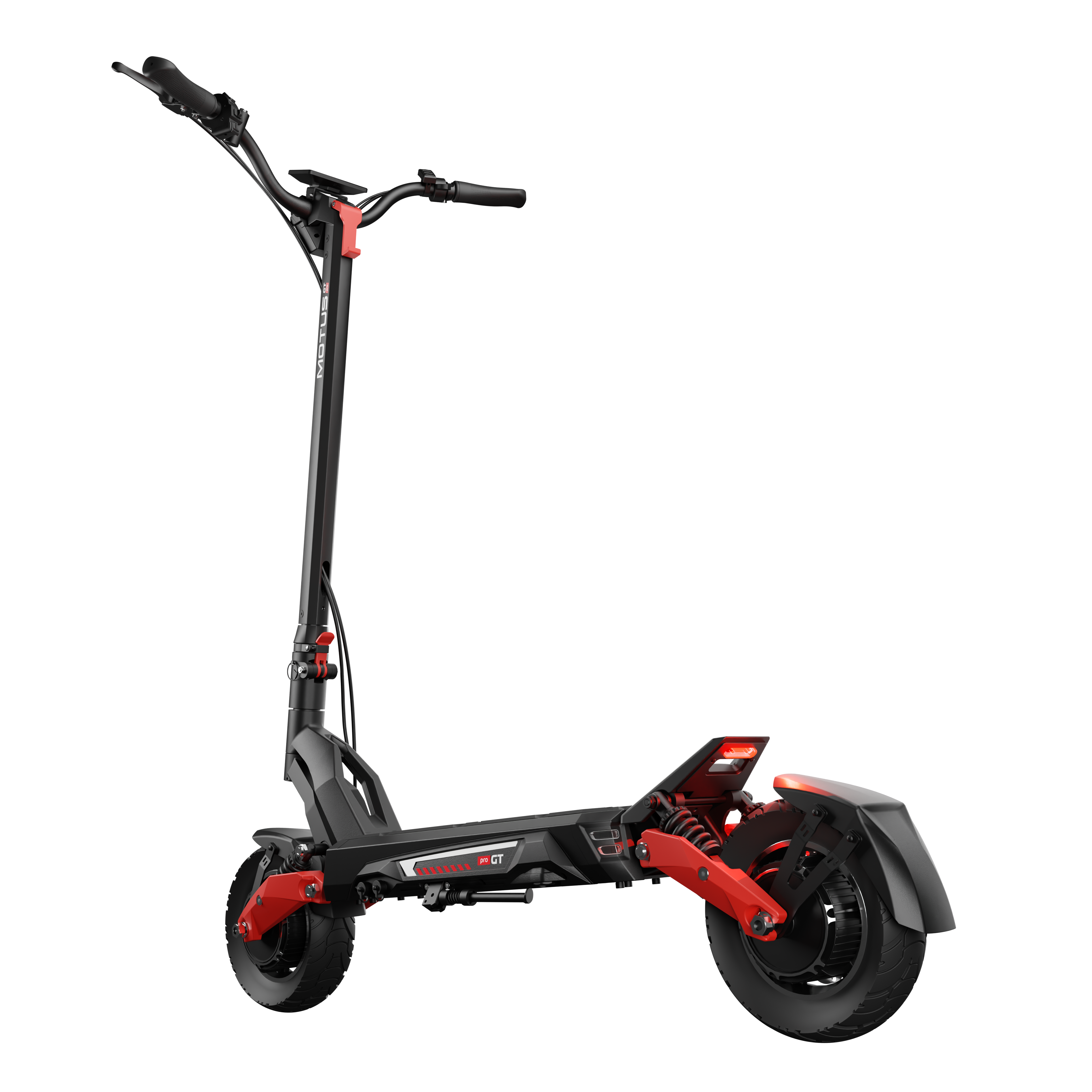 Czarna i czerwona hulajnoga elektryczna na czarnym tle. Hulajnoga ma czarną ramę z czerwonymi akcentami.