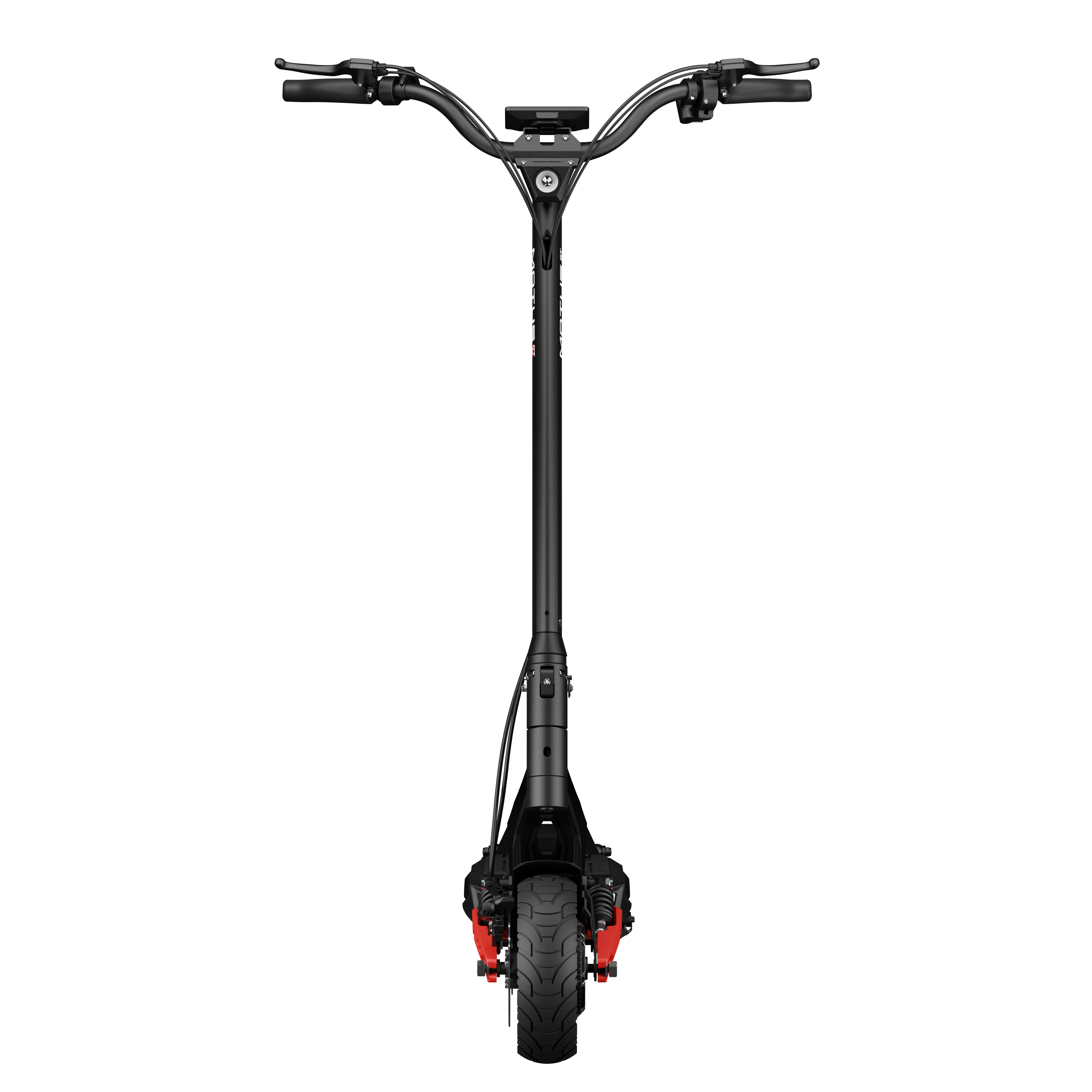 Czarna hulajnoga elektryczna na czarnym tle. Hulajnoga ma czerwone akcenty i cyfrowy wyświetlacz.