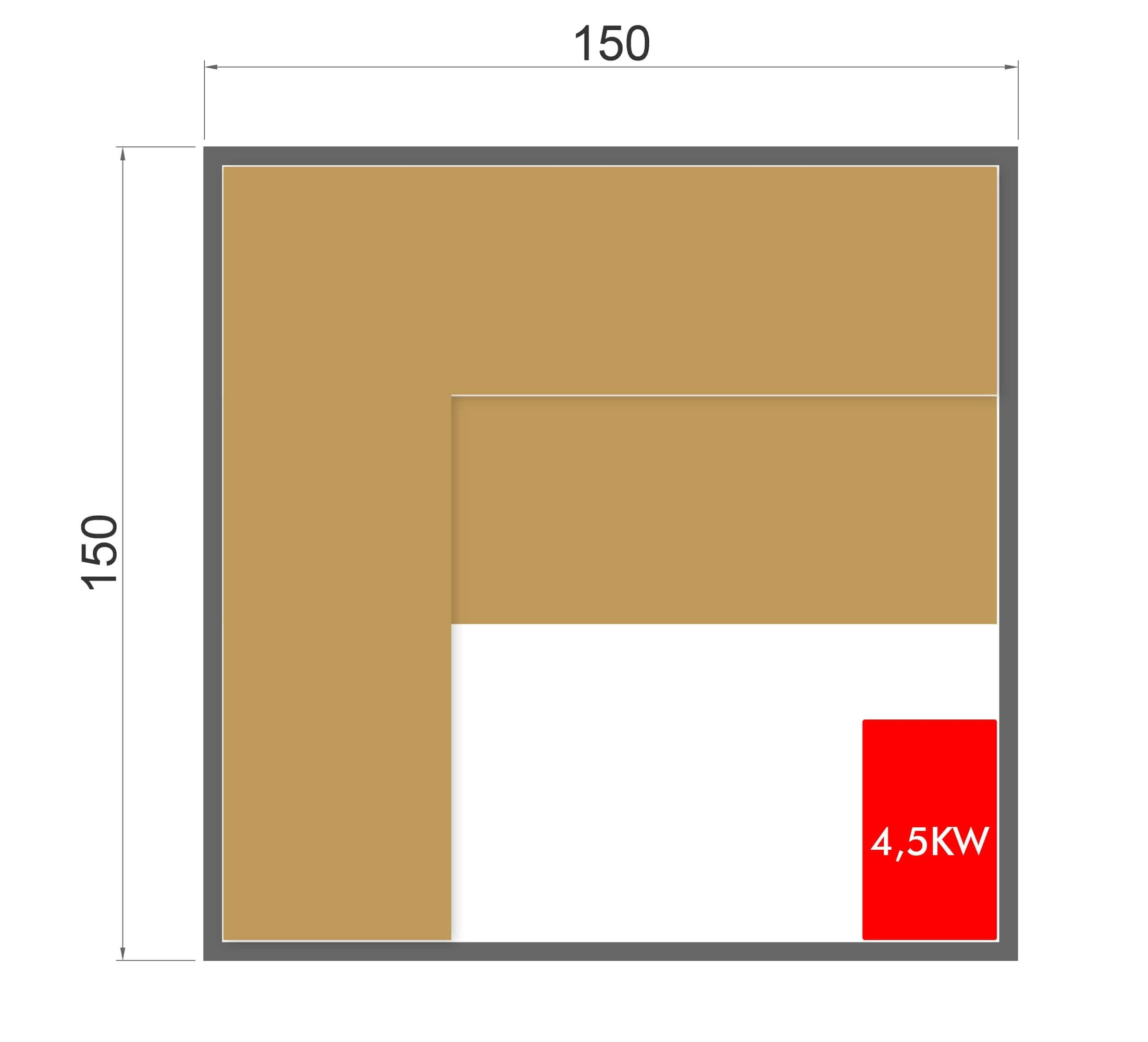 Vista superior de un plano de planta cuadrado. Las dimensiones están etiquetadas como 150. Se muestra un rectángulo rojo etiquetado 4,5KW.