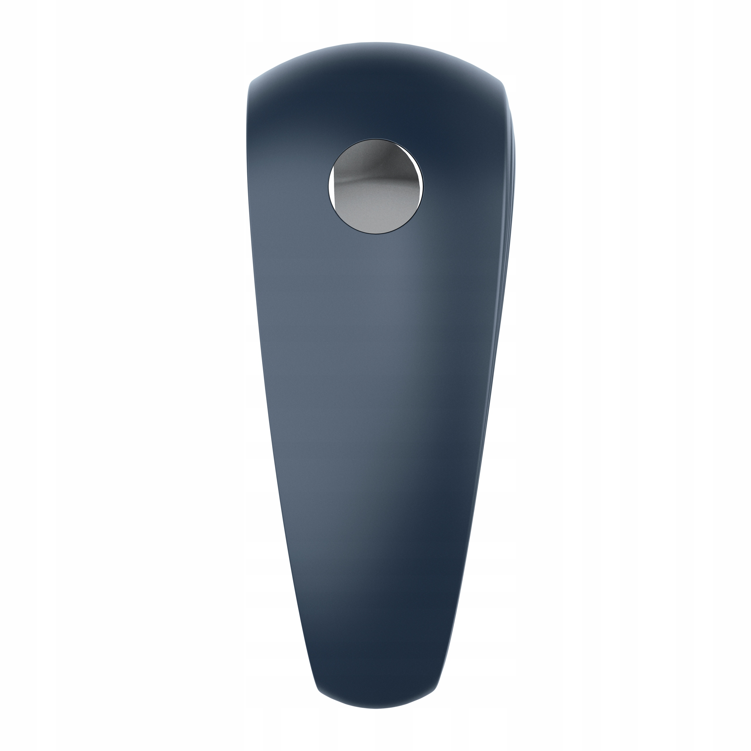 Ciemnoniebieski obiekt w kształcie łzy ze srebrnym okręgiem u góry na białym tle.