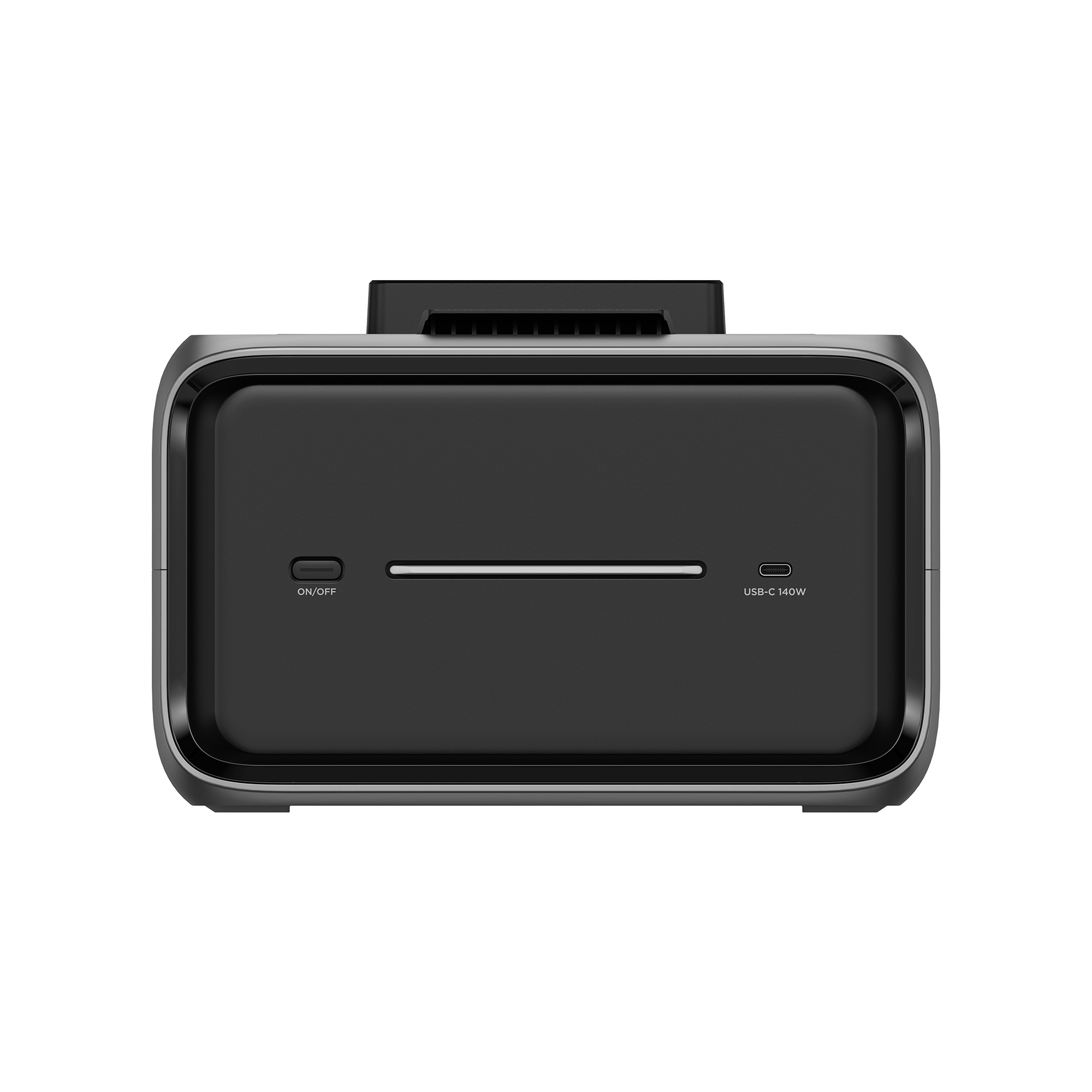 Un dispositivo elettronico nero e grigio con porta USB-C e pulsante on/off su sfondo bianco.