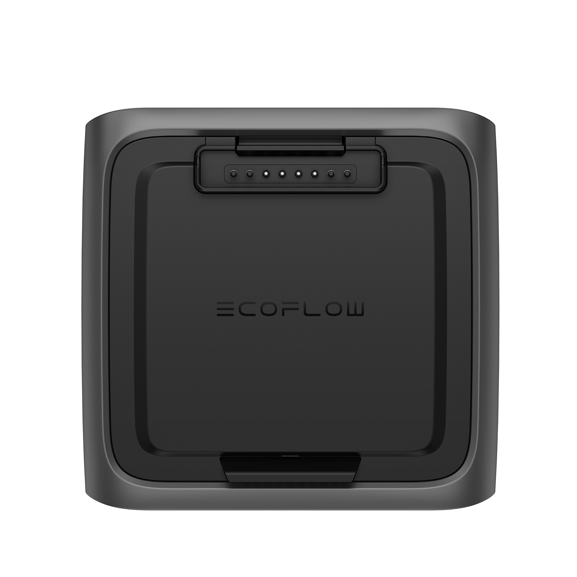 Centrale elettrica nera con cornice grigio scuro. Ha un pannello di controllo con luci e il logo Ecoflow.