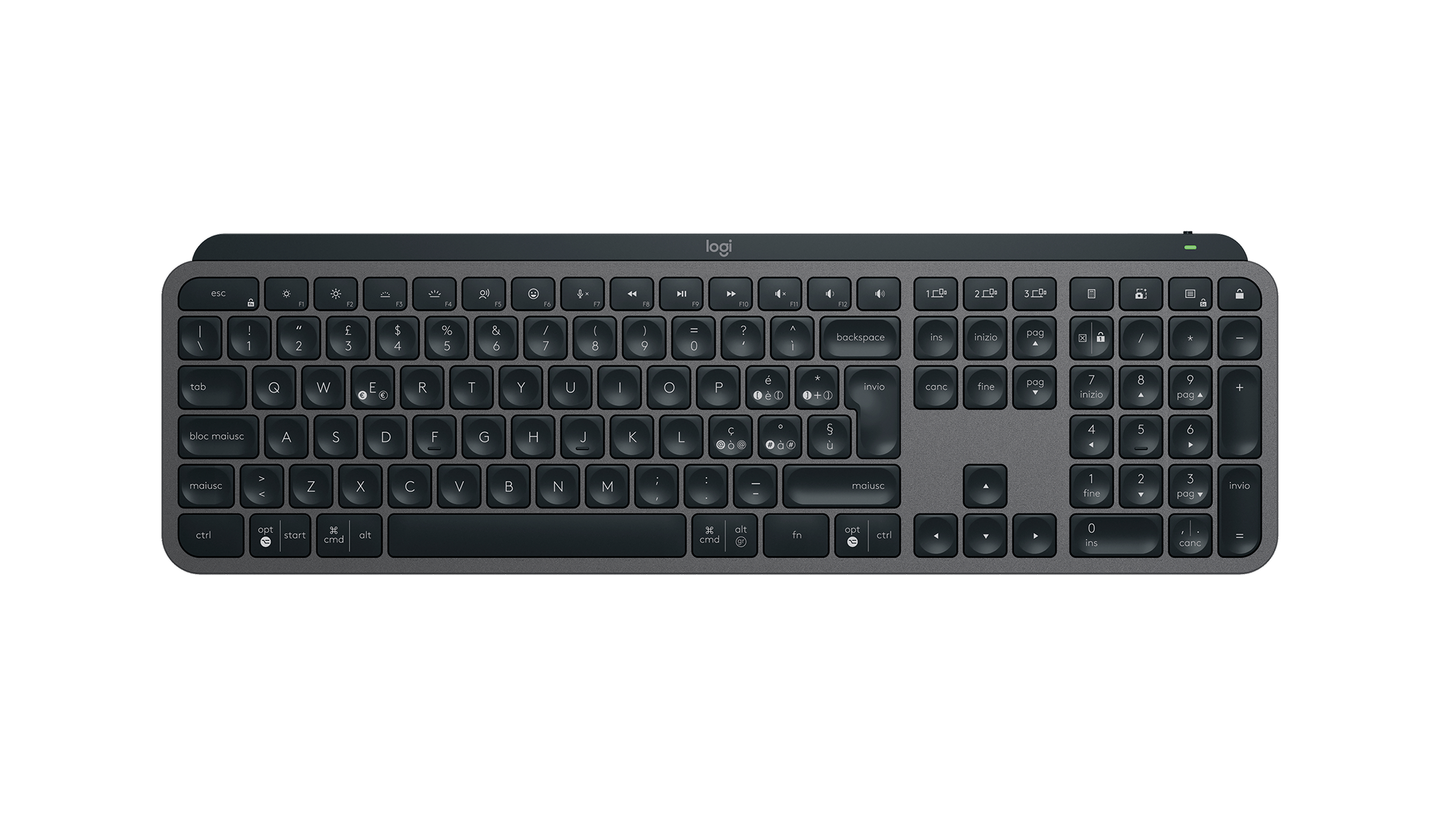 Eine dunkelgraue Logitech-Tastatur auf weißem Grund. Die Tasten sind schwarz mit weißen Buchstaben und Symbolen.