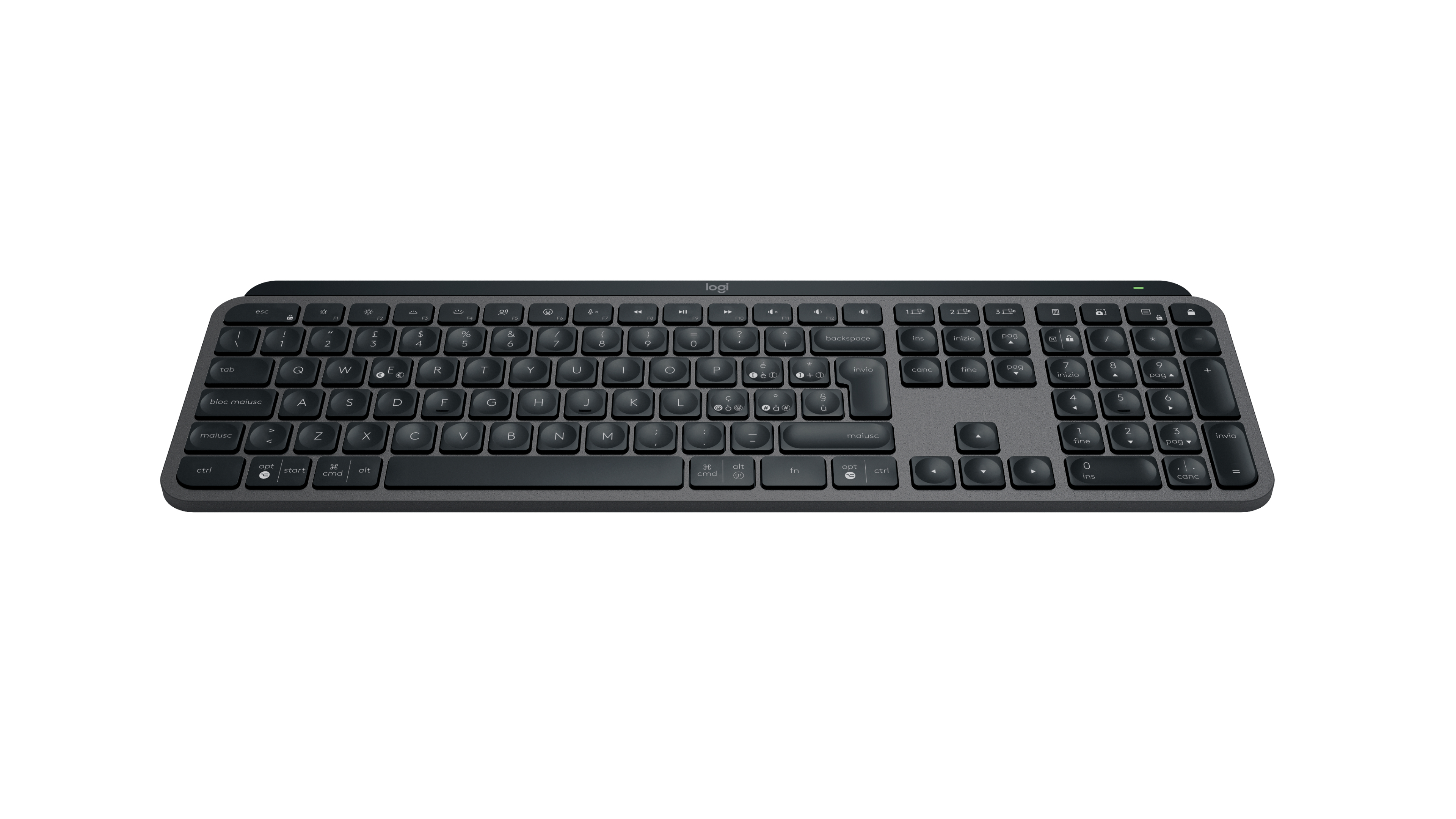 Eine dunkelgraue Logitech-Tastatur mit weißen Buchstaben und Zahlen, auf weißem Hintergrund.