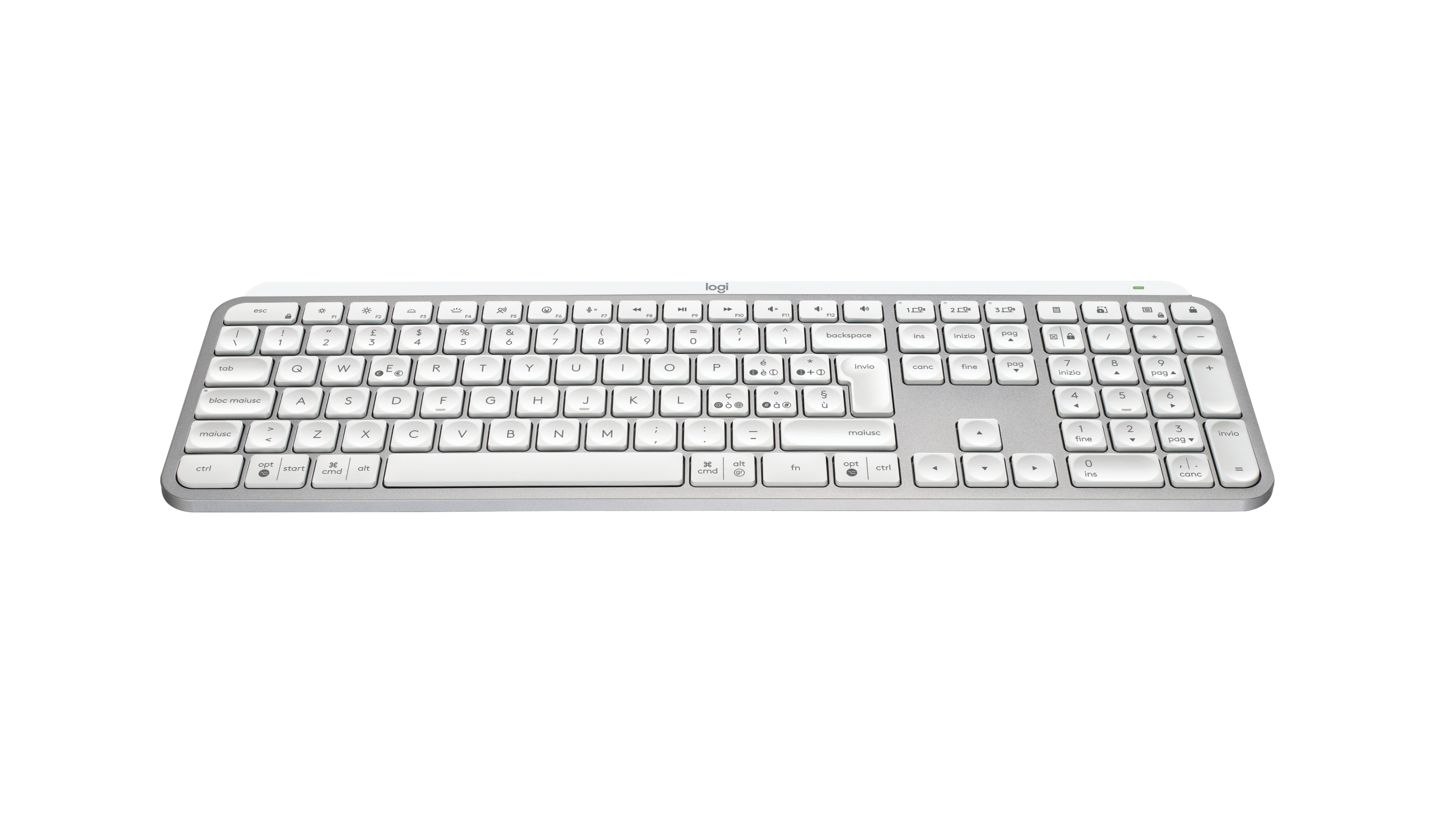 Eine silber-weiße, kabellose Tastatur auf weißem Hintergrund, Tasten mit englischen Beschriftungen und Symbolen.