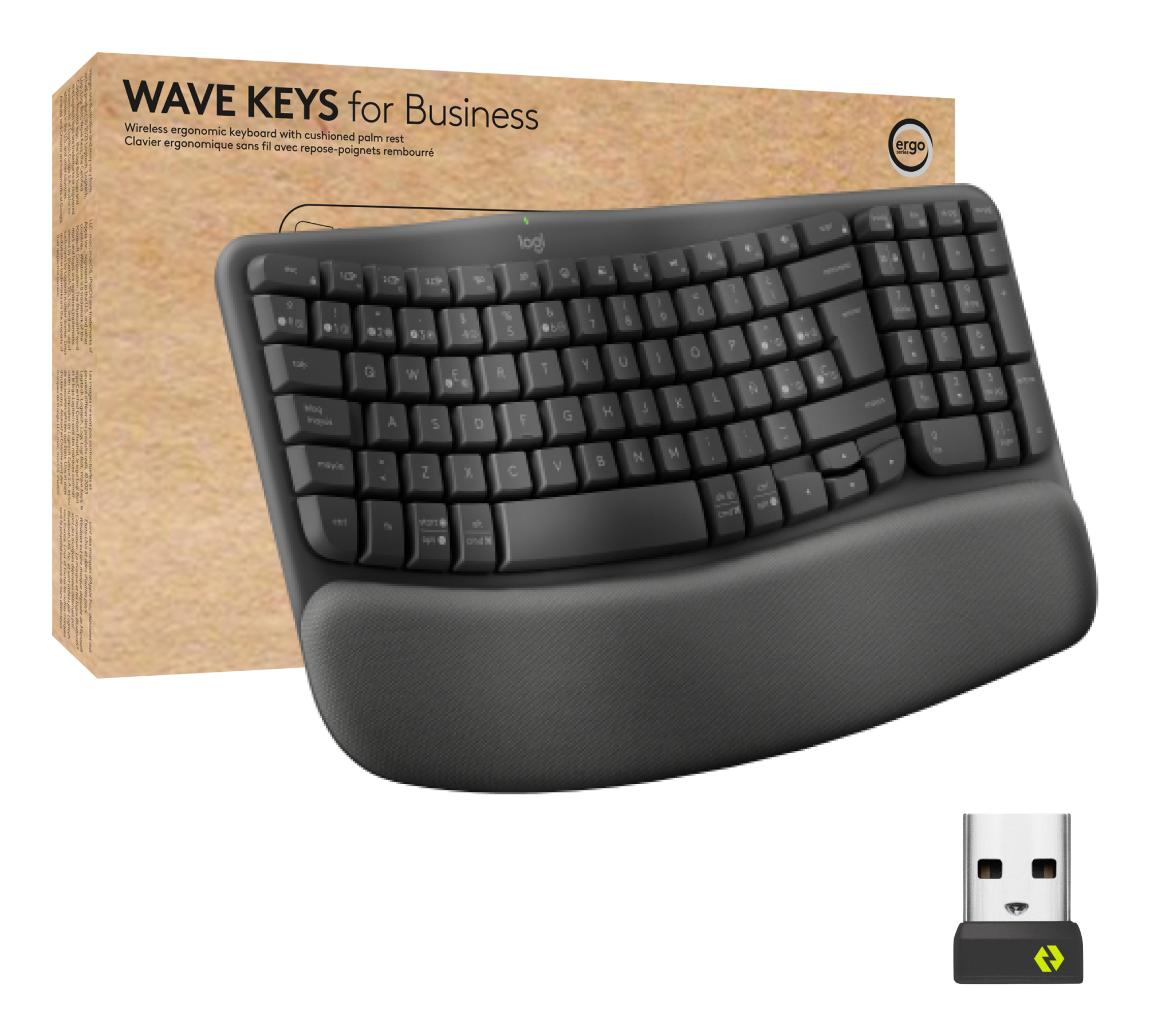 Czarna ergonomiczna klawiatura z podkładką pod nadgarstki, na pudełku z napisem 'Wave Keys'.