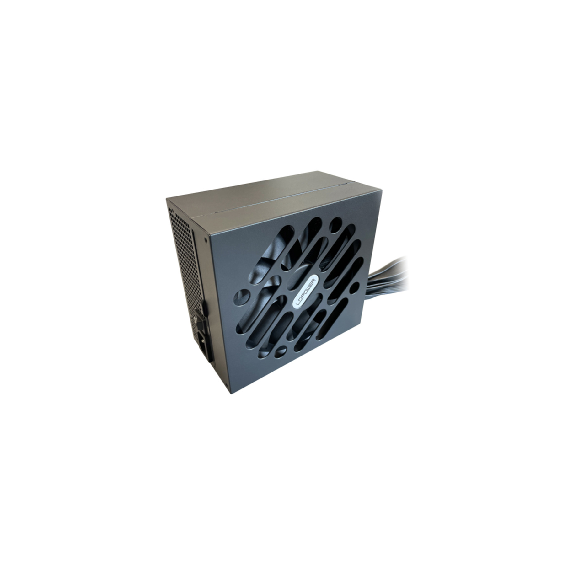 Czarny zasilacz komputerowy z wentylatorem widocznym za wzorzystą kratką. Kable po prawej.