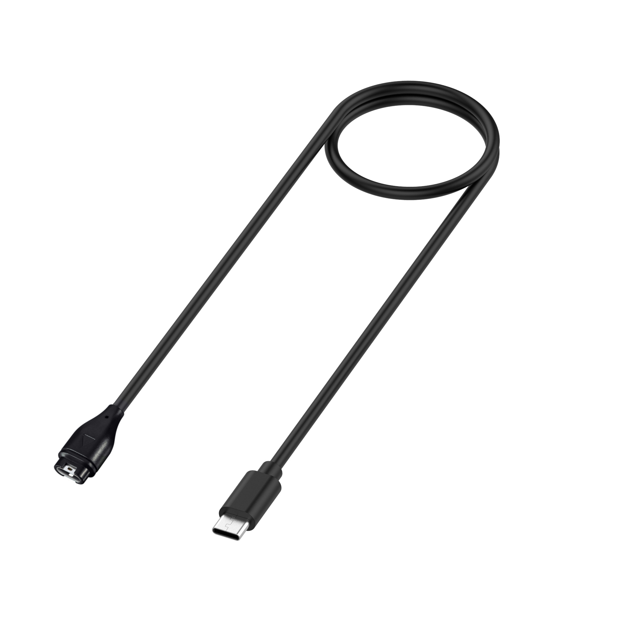 Czarny kabel ładujący ze złączem USB-C i złączem do zegarka Garmin, na białym tle.