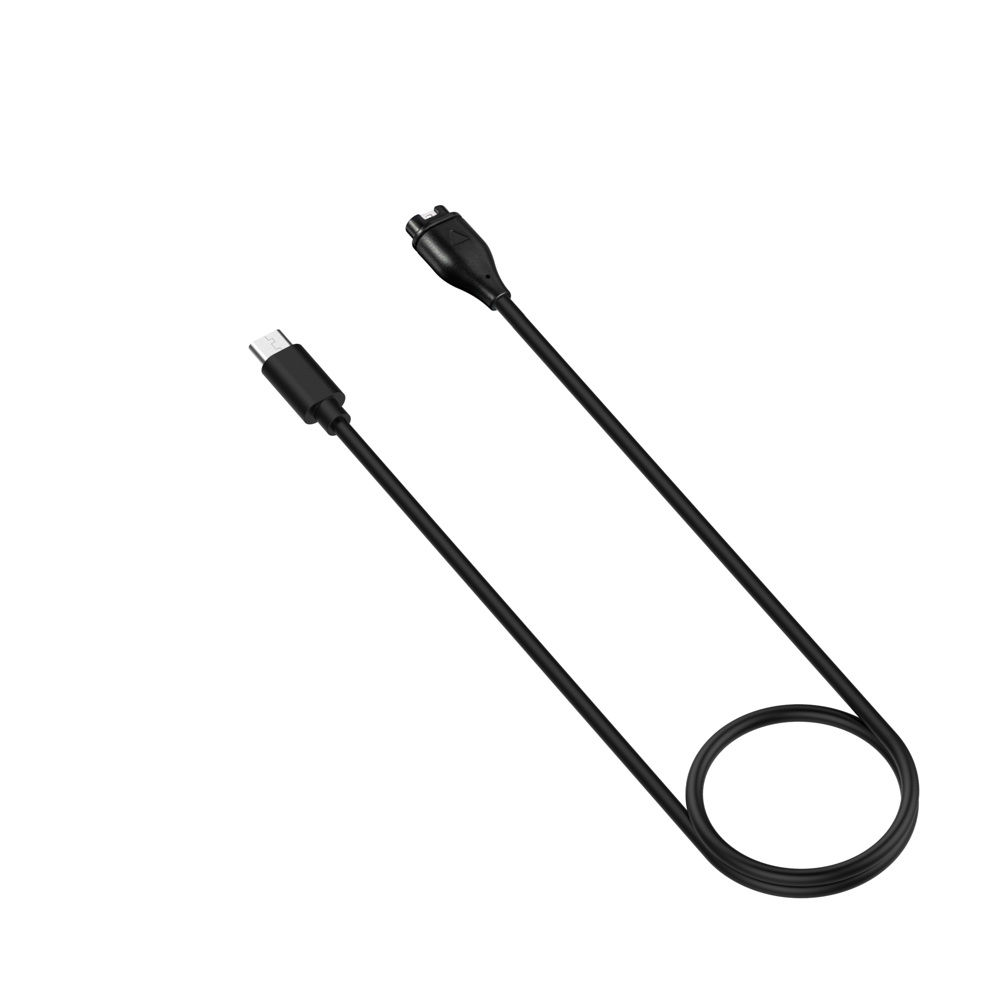 Czarny kabel ładujący ze złączem USB-C i portem ładowania, zwinięty w pętlę, na białym tle.