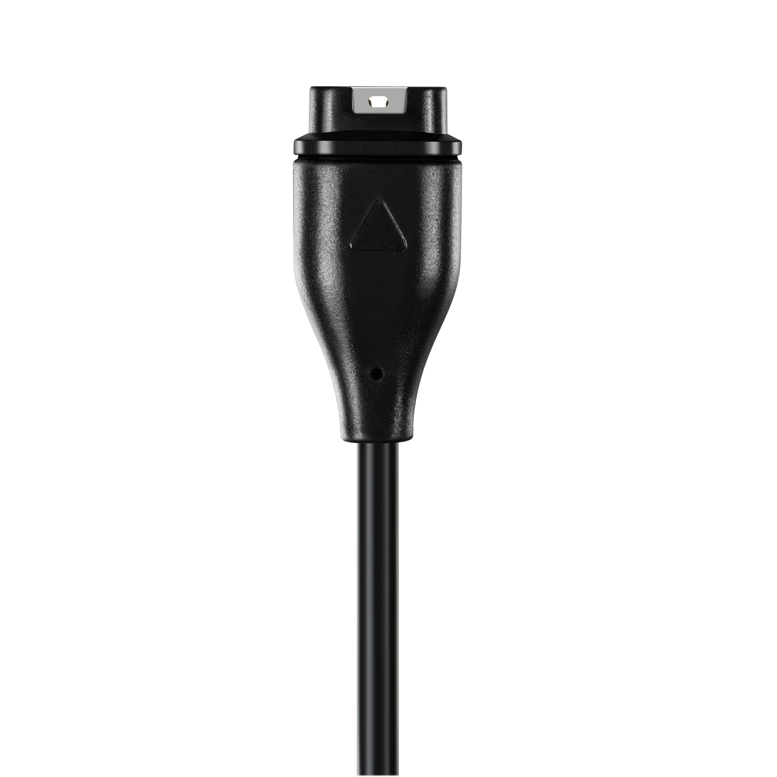 Zbliżenie czarnego kabla ładującego. Kabel ma unikalne złącze u góry i cylindryczny kabel u dołu.