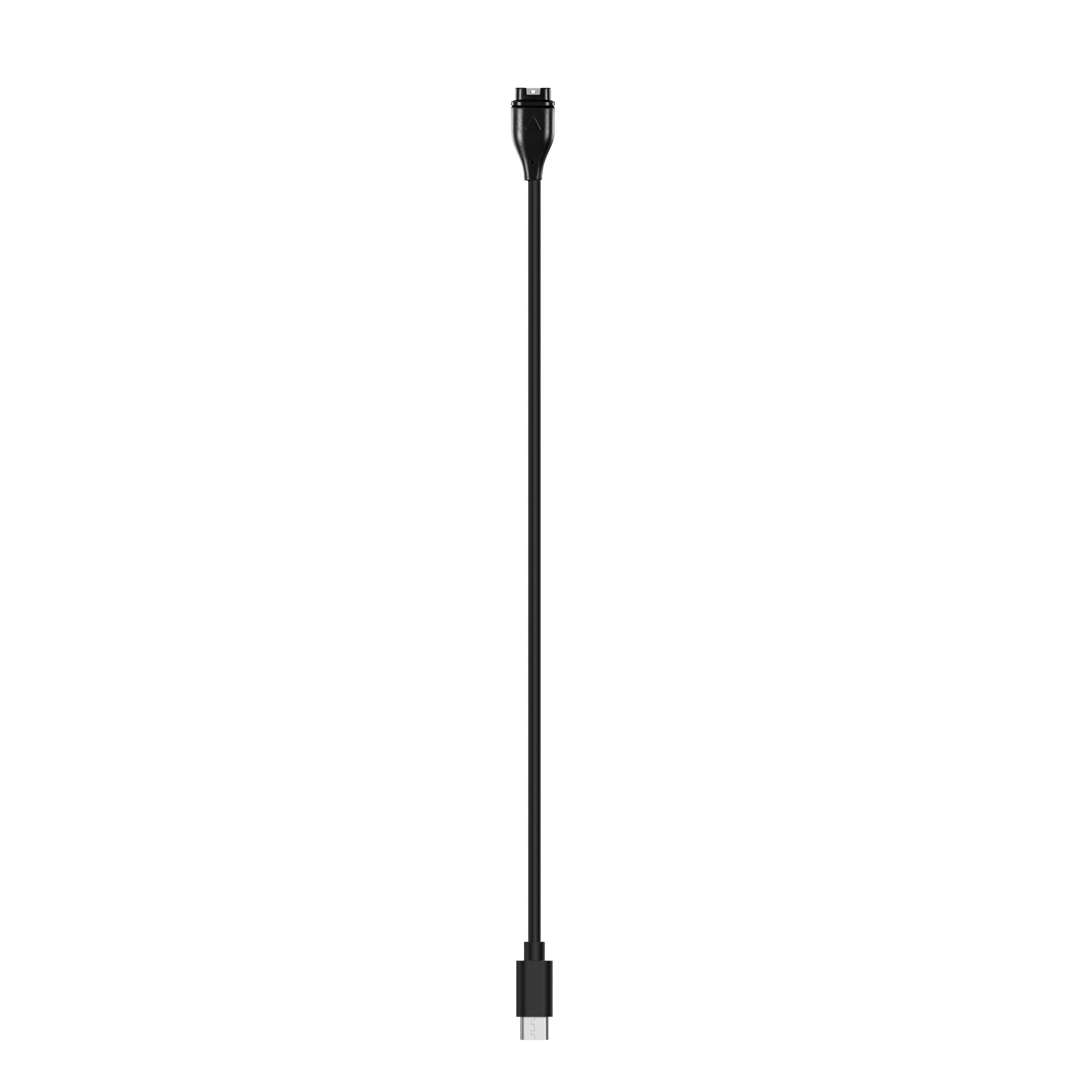 Czarny kabel ładujący na białym tle. Kabel ma złącze na każdym końcu.