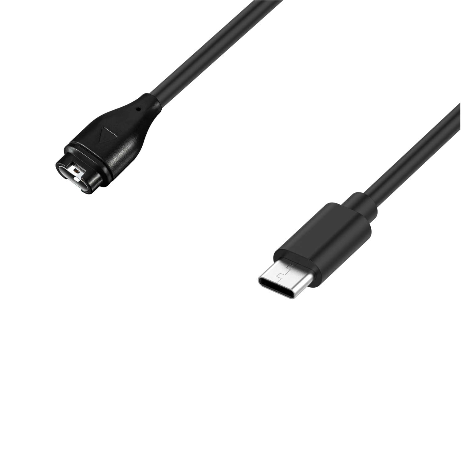 Czarny kabel ładujący z dwoma złączami. Jedno to USB-C, a drugie zastrzeżone złącze Garmin. Białe tło.