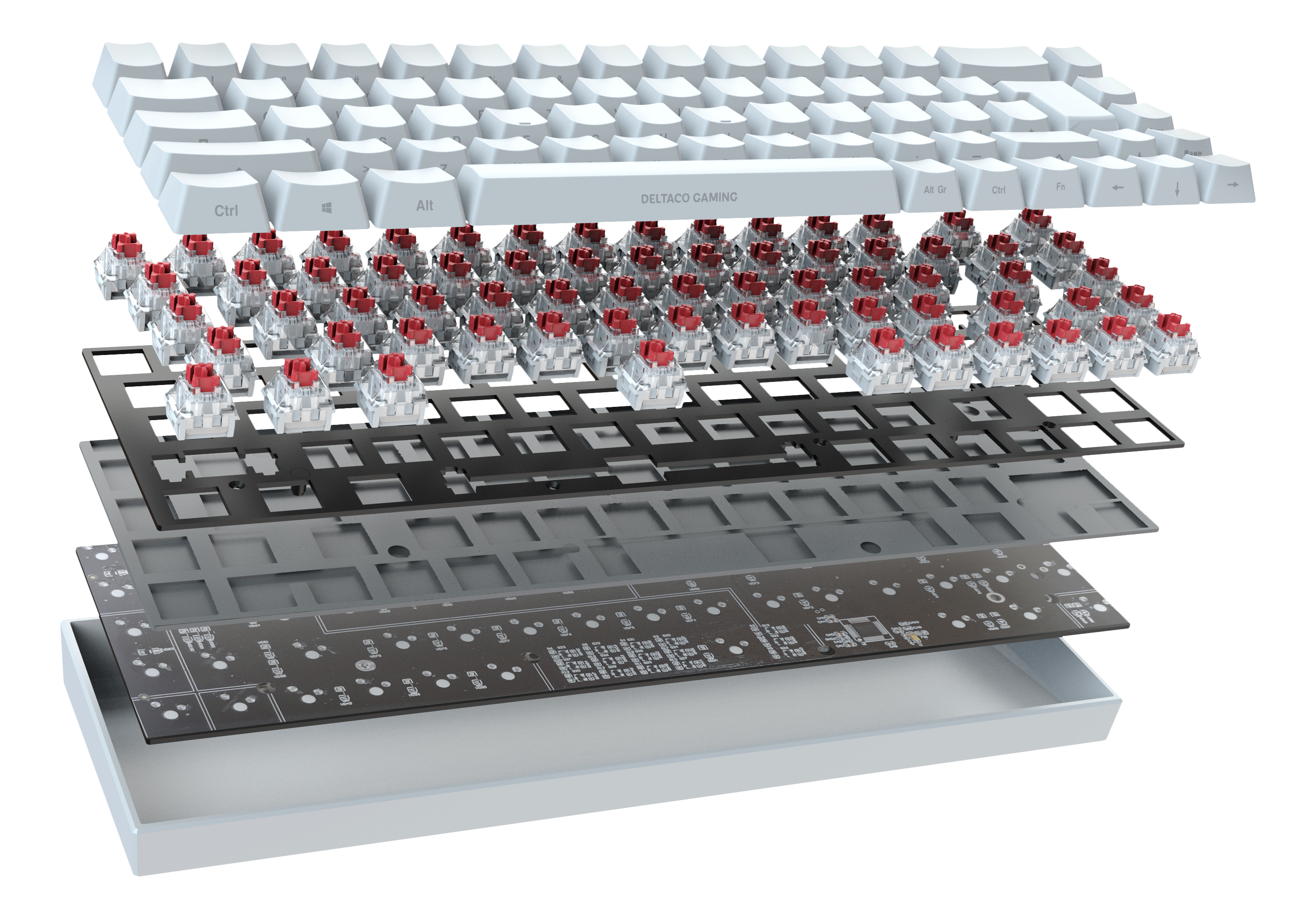 Widok rozłożony białej klawiatury mechanicznej. Widoczne klawisze, czerwone przełączniki, czarna rama, płytka i podstawa.