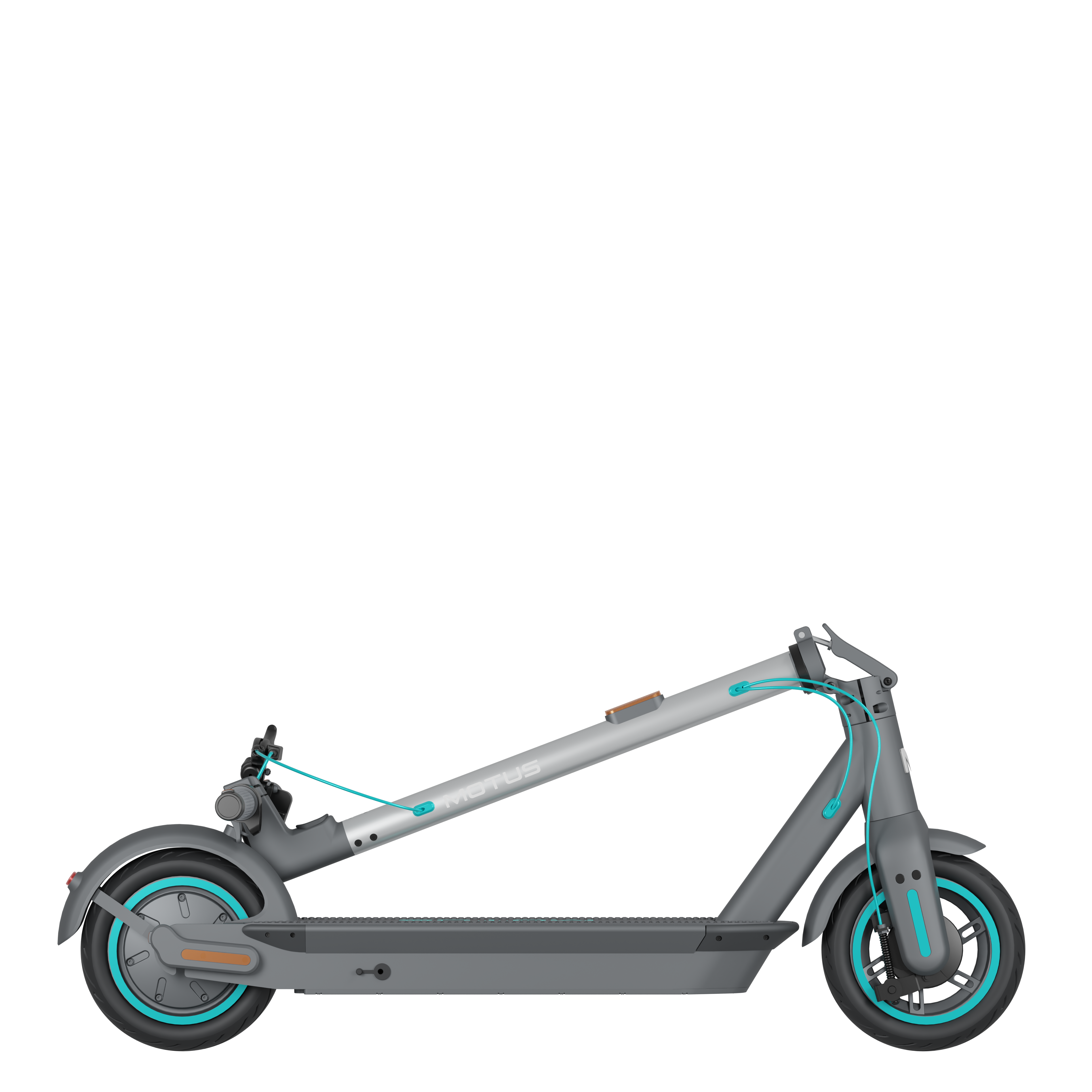 Szara hulajnoga elektryczna z turkusowymi akcentami. Hulajnoga na czarnym tle.