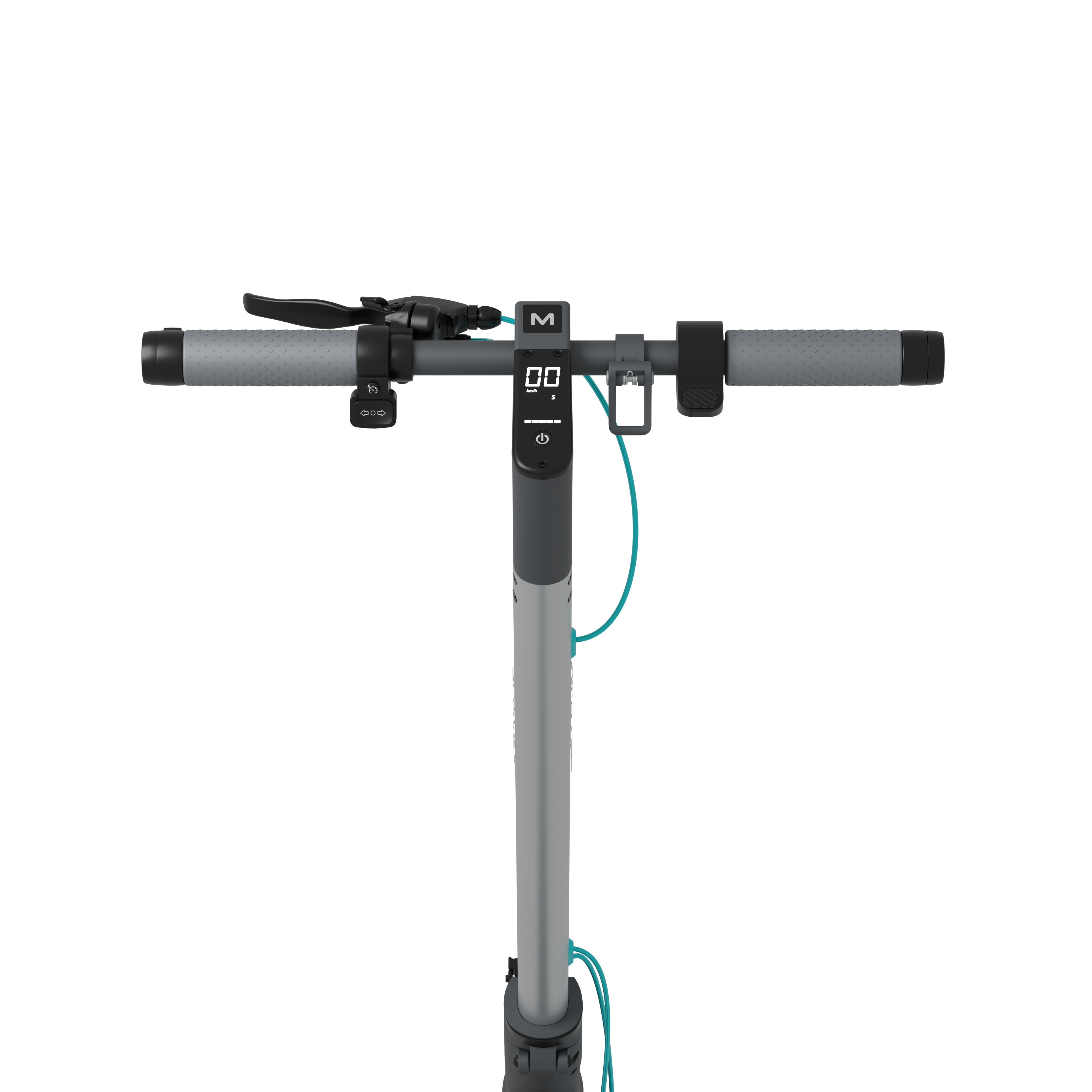 Zbliżenie kierownicy hulajnogi elektrycznej. Szare uchwyty, wyświetlacz prędkości i czarne tło.