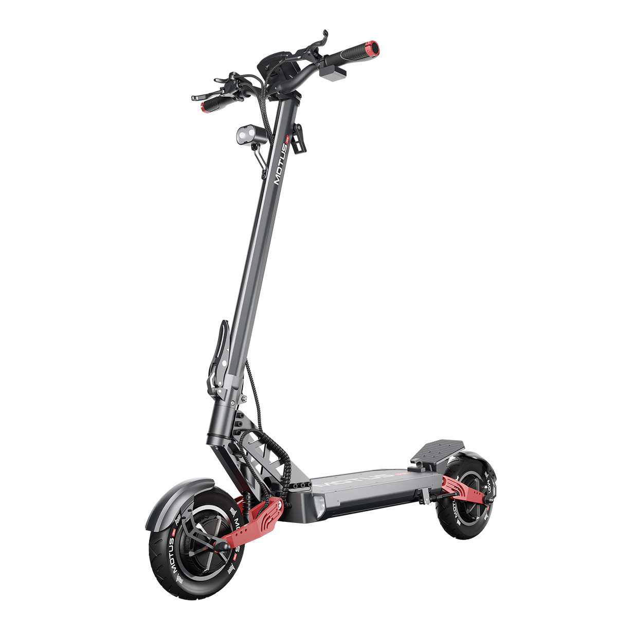 Szara hulajnoga elektryczna z czerwonymi akcentami. Hulajnoga ma reflektor i wyświetlacz na kierownicy. Marka to MOTUS.