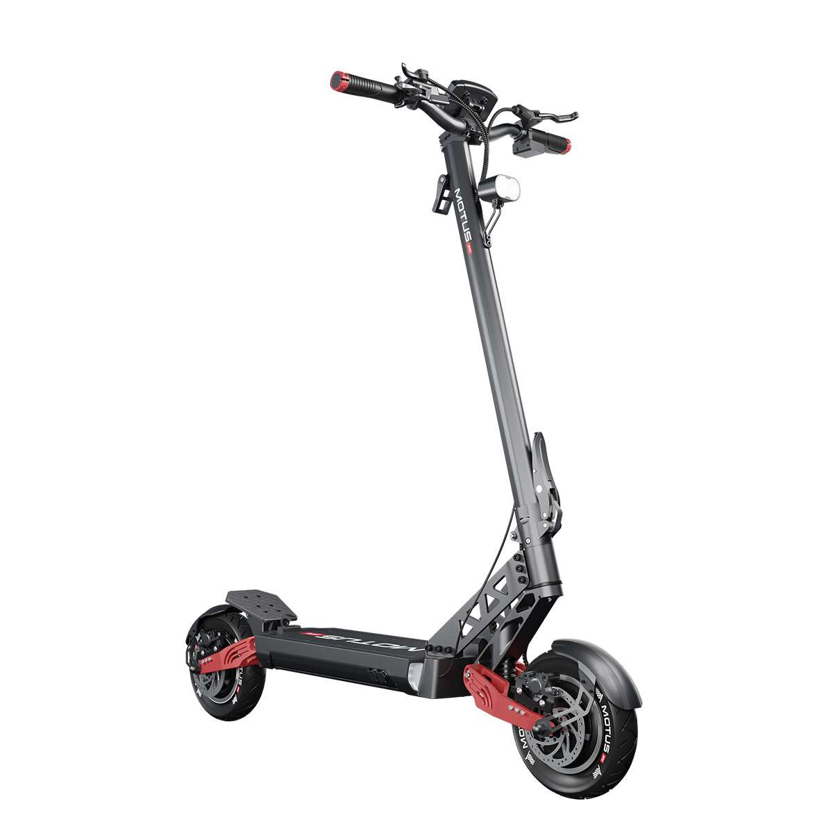 Szaro-czarna hulajnoga elektryczna z czerwonymi akcentami. Posiada kierownicę, platformę i dwa koła z hamulcami tarczowymi.