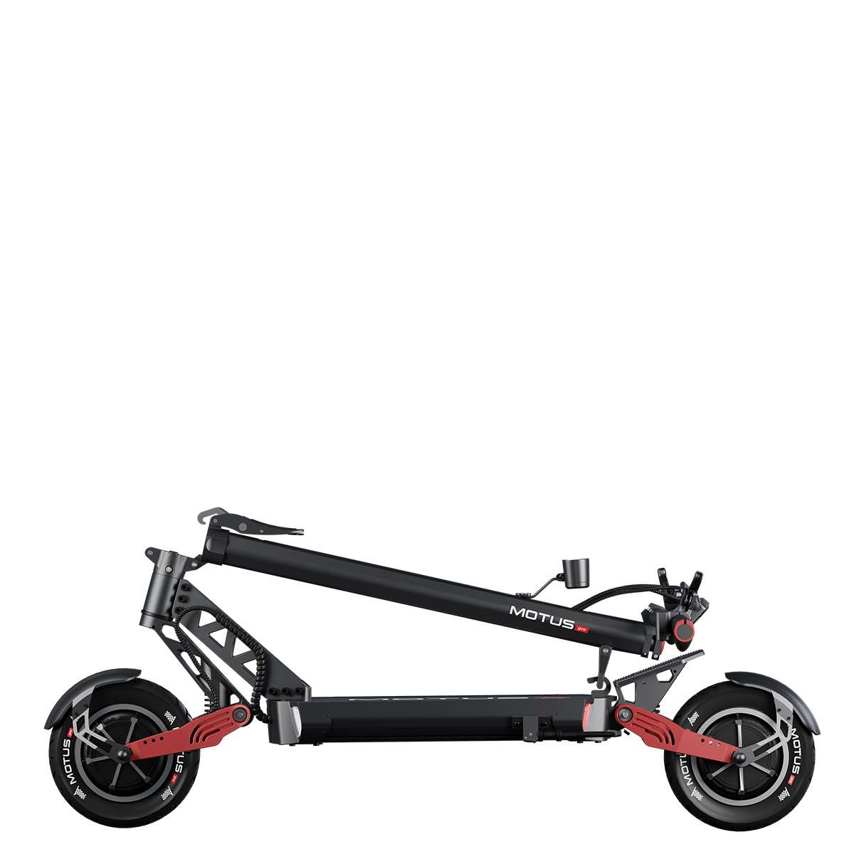 Czarno-czerwona hulajnoga elektryczna Motus na białym tle. Ma dwa koła, składaną ramę i widoczną nazwę marki.