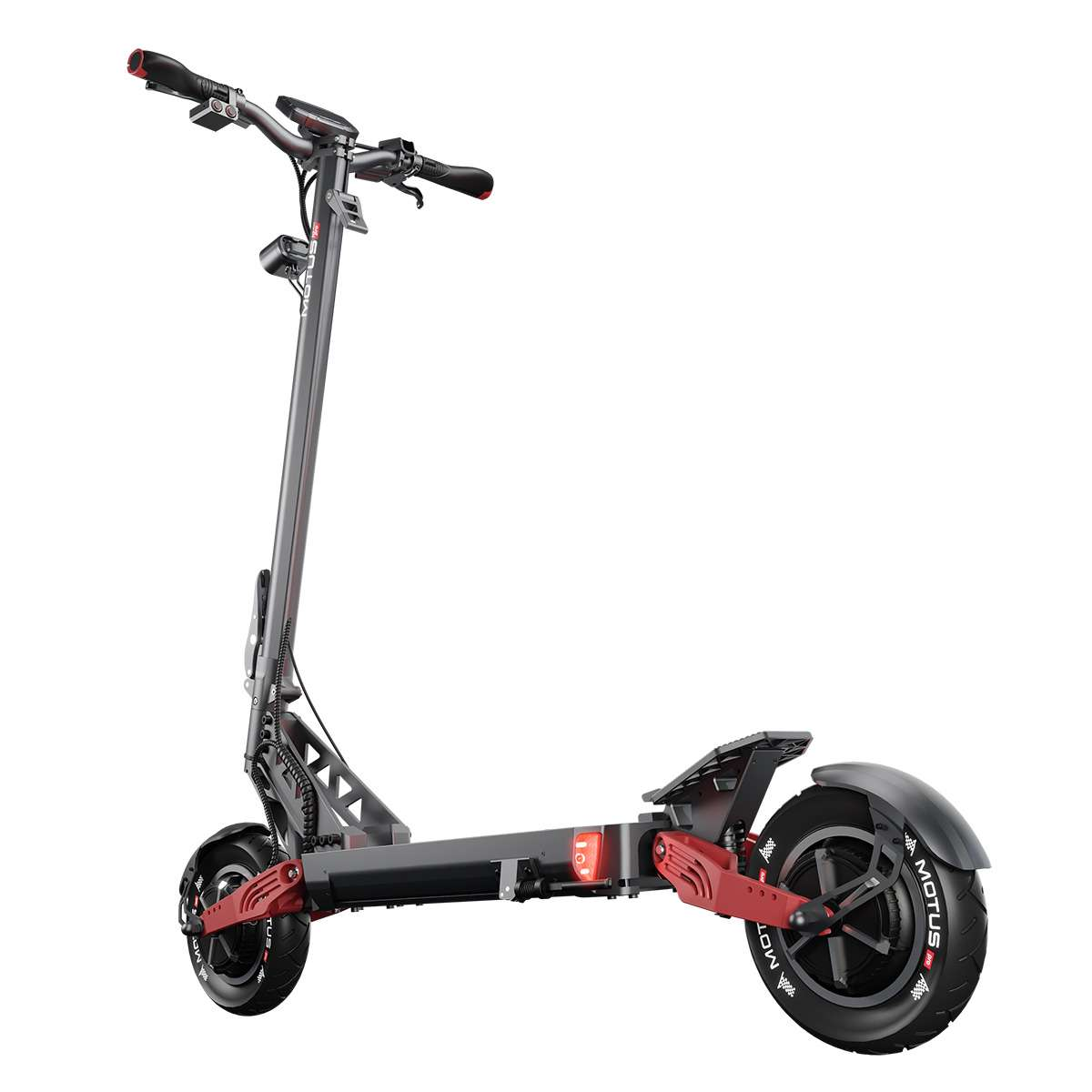 Hulajnoga elektryczna z czarną ramą, czerwonymi akcentami i czarnymi kołami na białym tle.