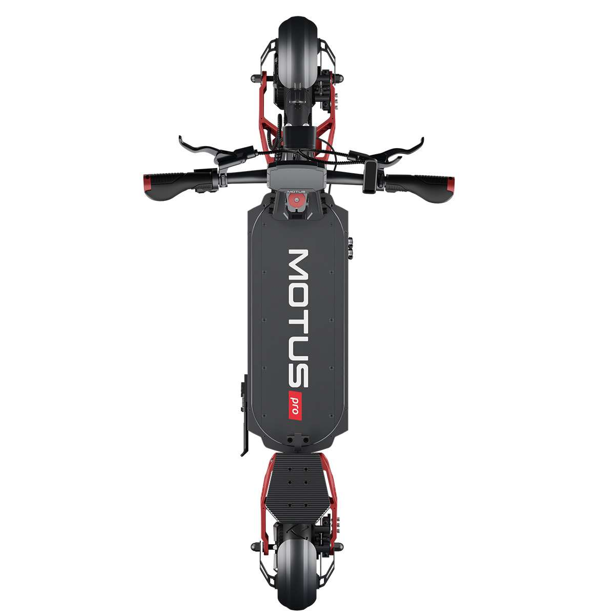 Widok z góry na czarno-czerwoną hulajnogę elektryczną Motus Pro. Widoczne kierownica, pokład z napisem 'MOTUS pro' i koła.