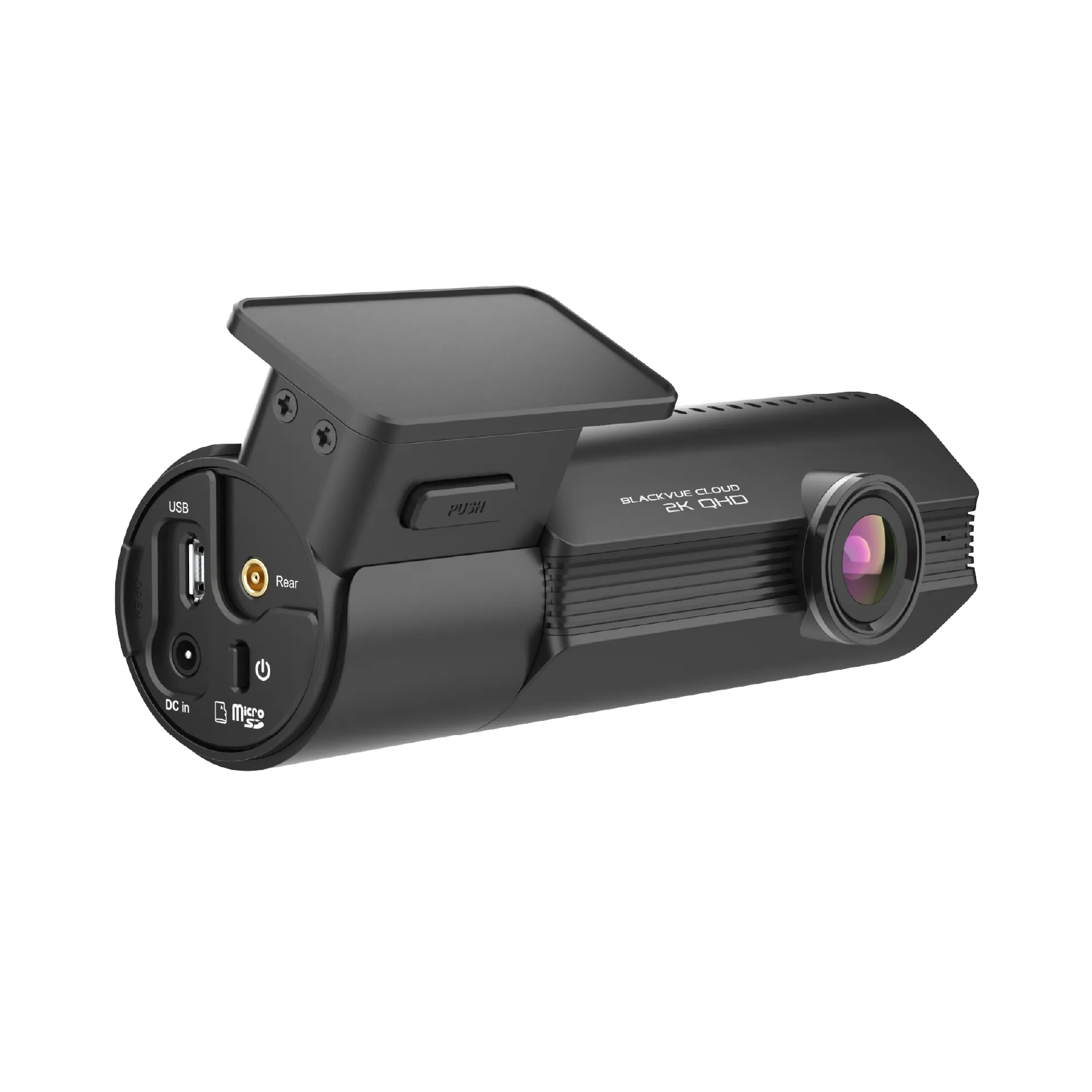 Een zwarte autodashcam met lens, knoppen en poorten. Het heeft een klein scherm en de merknaam 'Blackvue Cloud' is zichtbaar.