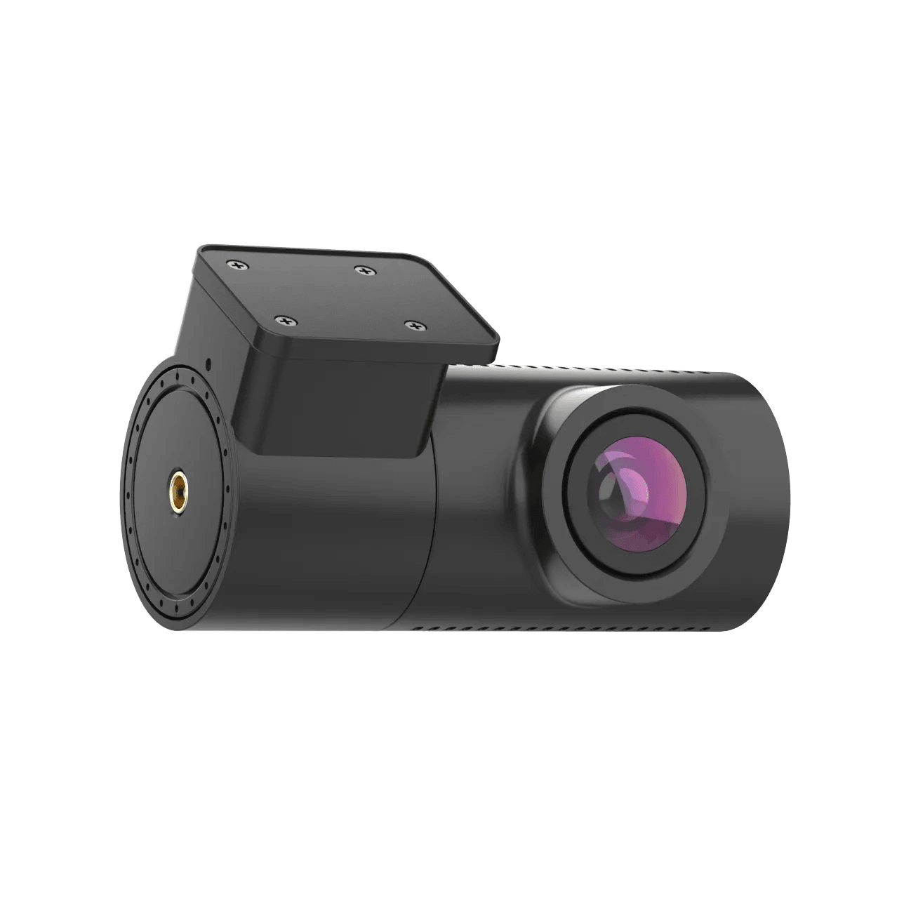 Een zwarte dashcam met lens, gemonteerd op een basis. Het is geplaatst tegen een blauwgroene achtergrond. De lens heeft een paarse tint.