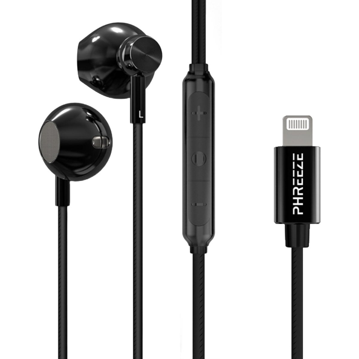 Black earbuds with a lightning connector. The earbuds are connected to a cable with a control panel.