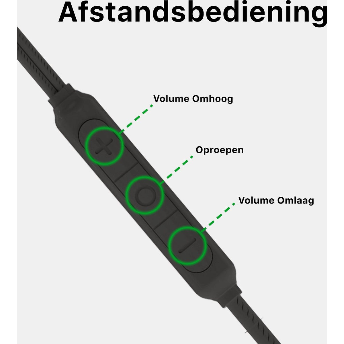 A black remote control with volume up, call, and volume down buttons. Text labels in Dutch indicate the functions.