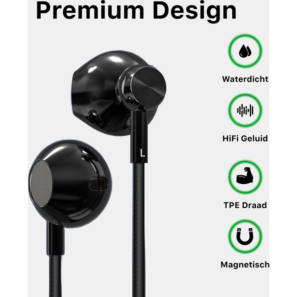 Black earbuds on white background with text 'Premium Design'. Icons: waterproof, HiFi sound, TPE wire, magnetic.