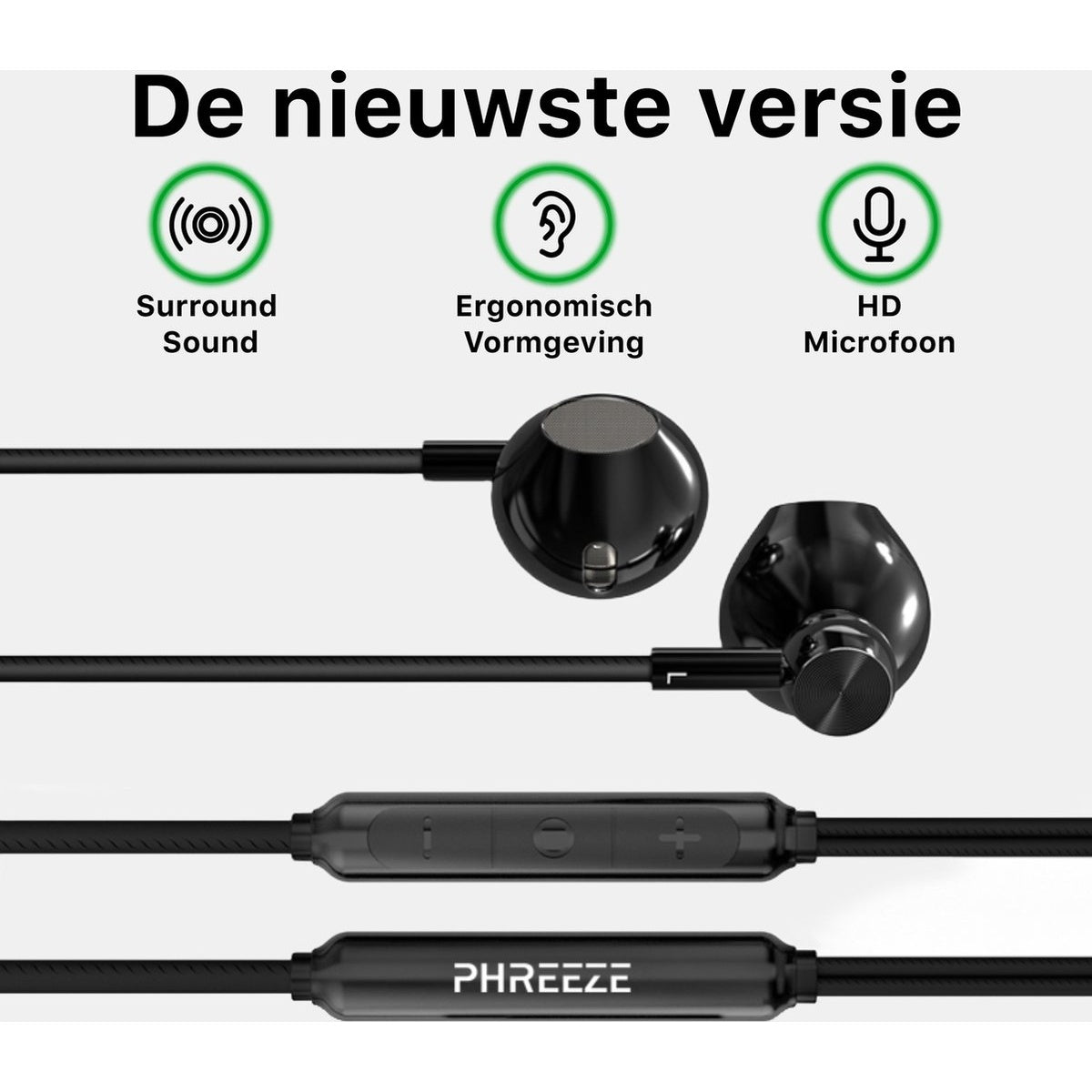 Black earphones with a control panel, and the brand name 'PHREEZE'. Features include surround sound and HD microphone.