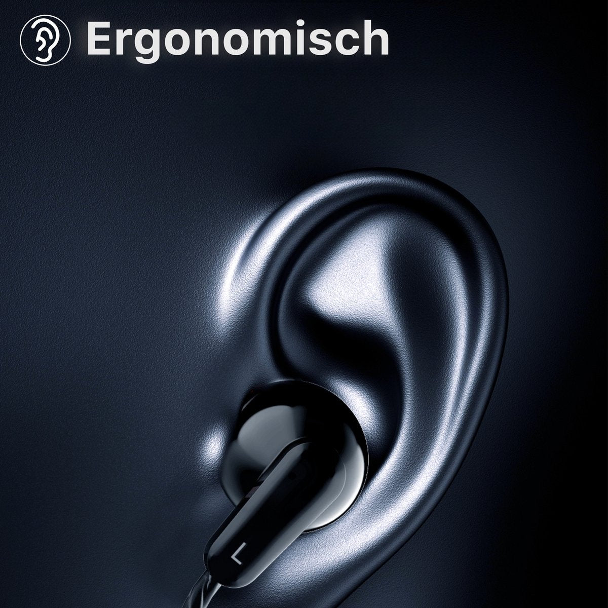 A black earphone is placed near a grayscale ear model, with the word 'Ergonomisch' above. Dark background. 