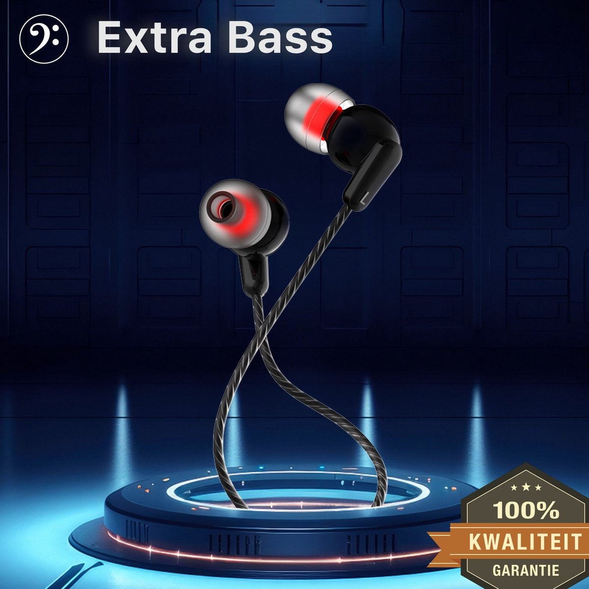 Earphones with 'Extra Bass' text. Black and silver earbuds, glowing red. Background is blue with a quality guarantee badge.