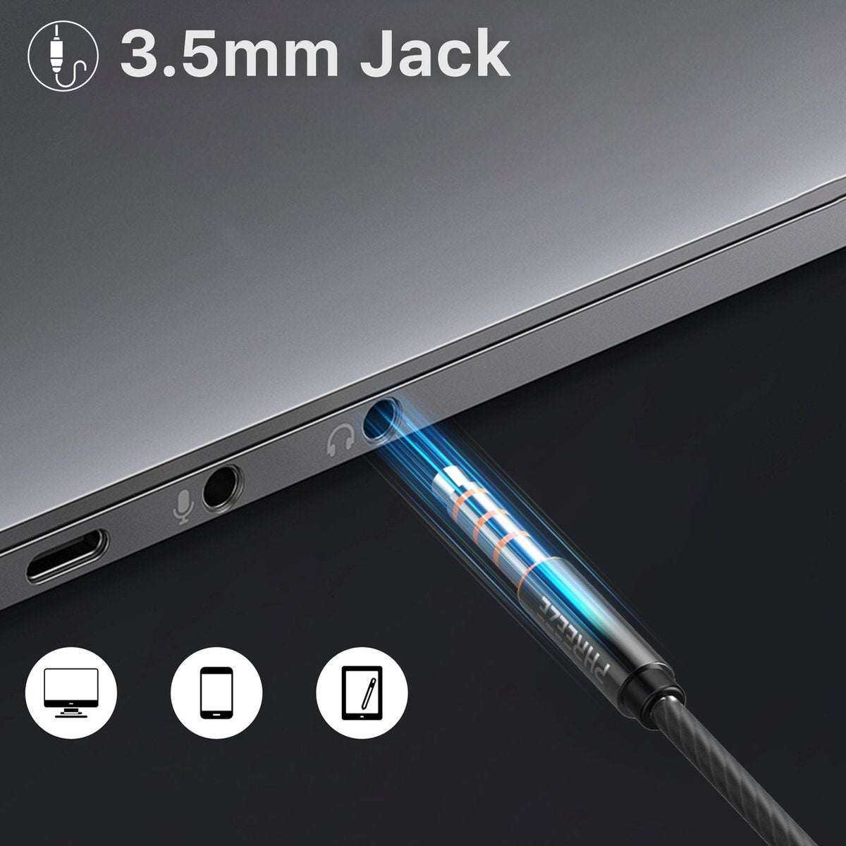 A 3.5mm jack cable is inserted into a laptop port. The image also features icons for a monitor, phone, and tablet.