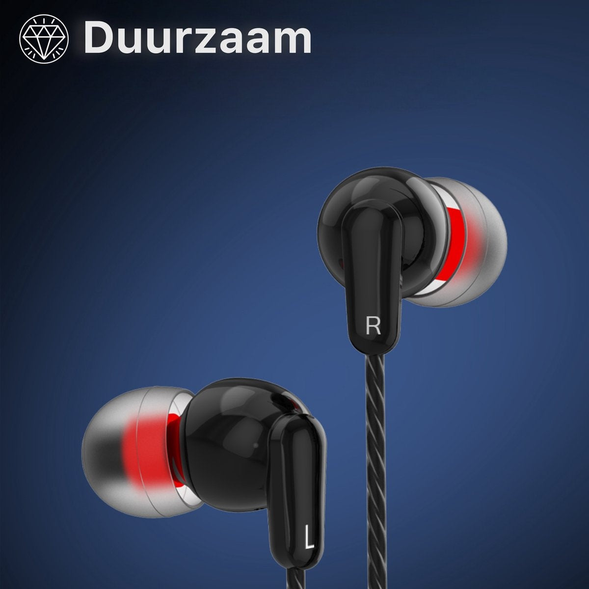 Black earbuds with red accents and the letters 'R' and 'L' on the earpieces. The background is dark blue.