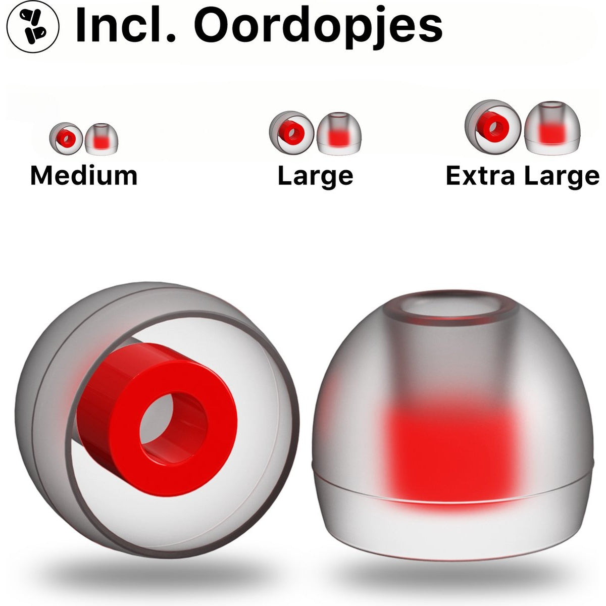 Image displays earbud tips in medium, large, and extra large sizes. Two detailed earbud tips are in the foreground. The tips are red inside transparent cases.