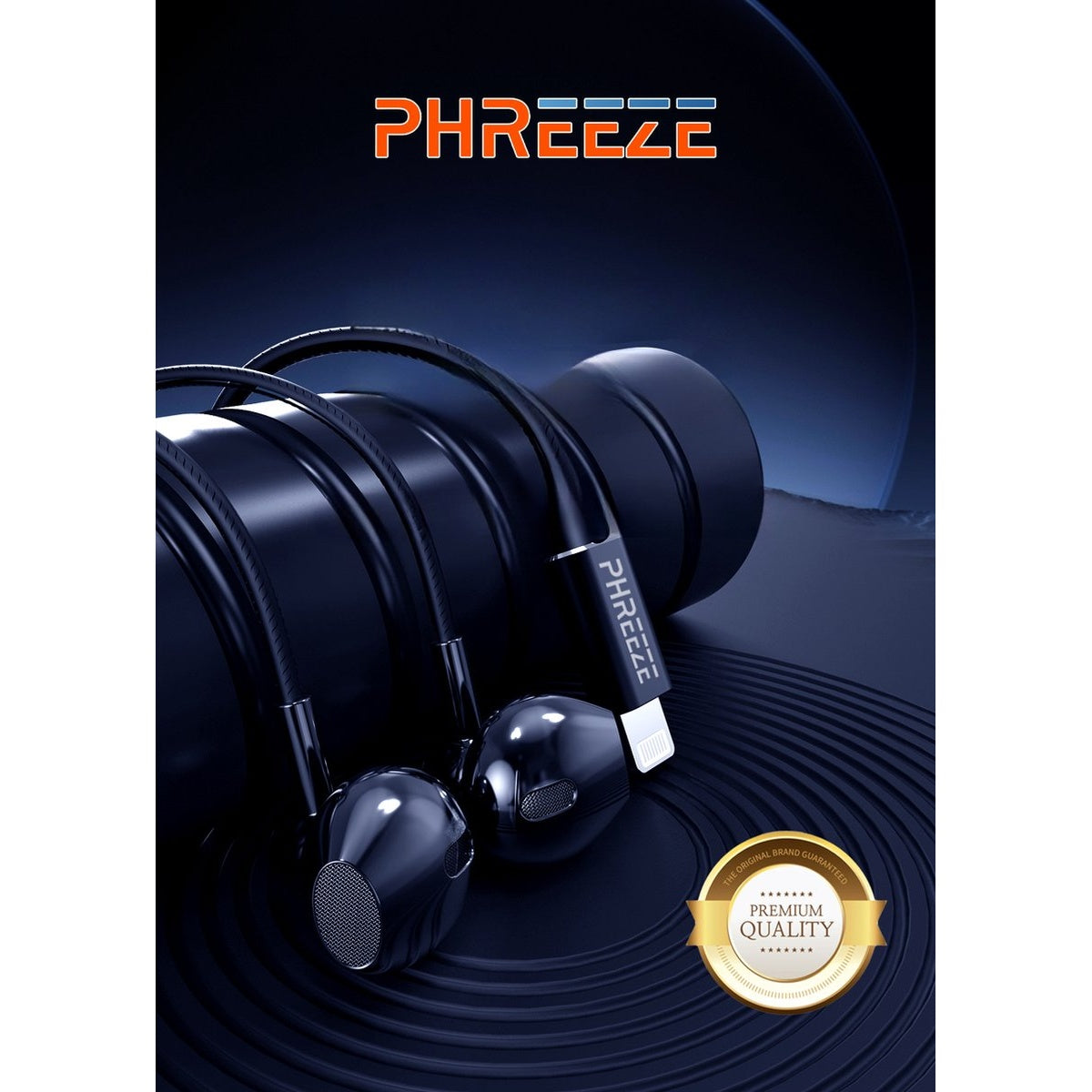 Black earphones on a dark blue background. The brand name 'PHREEZE' is at the top. A 'Premium Quality' badge is at the bottom.