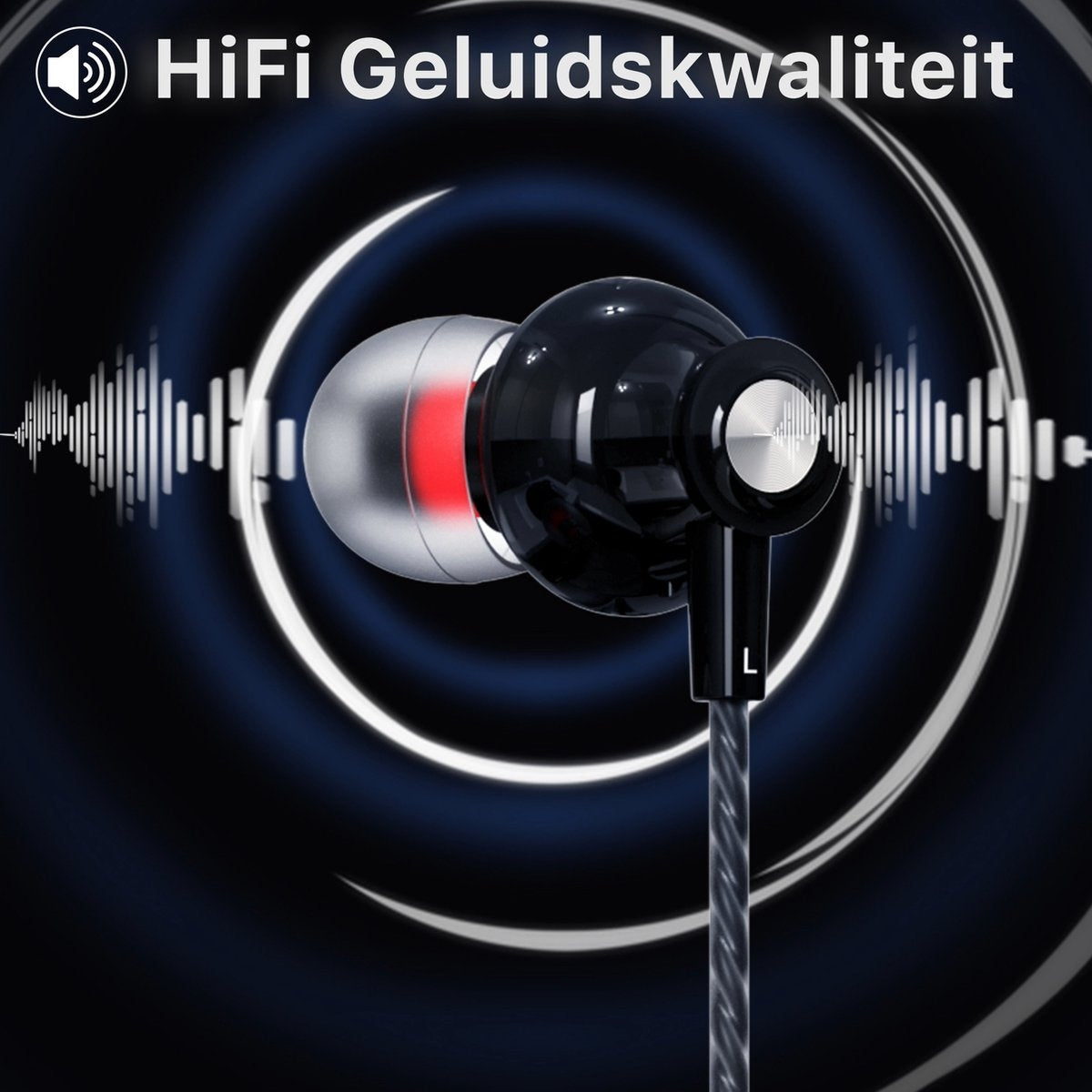 Close-up van zwarte en zilveren oortelefoons. De rechteroortelefoon is zichtbaar. De achtergrond is donkerblauw met geluidsgolven.
