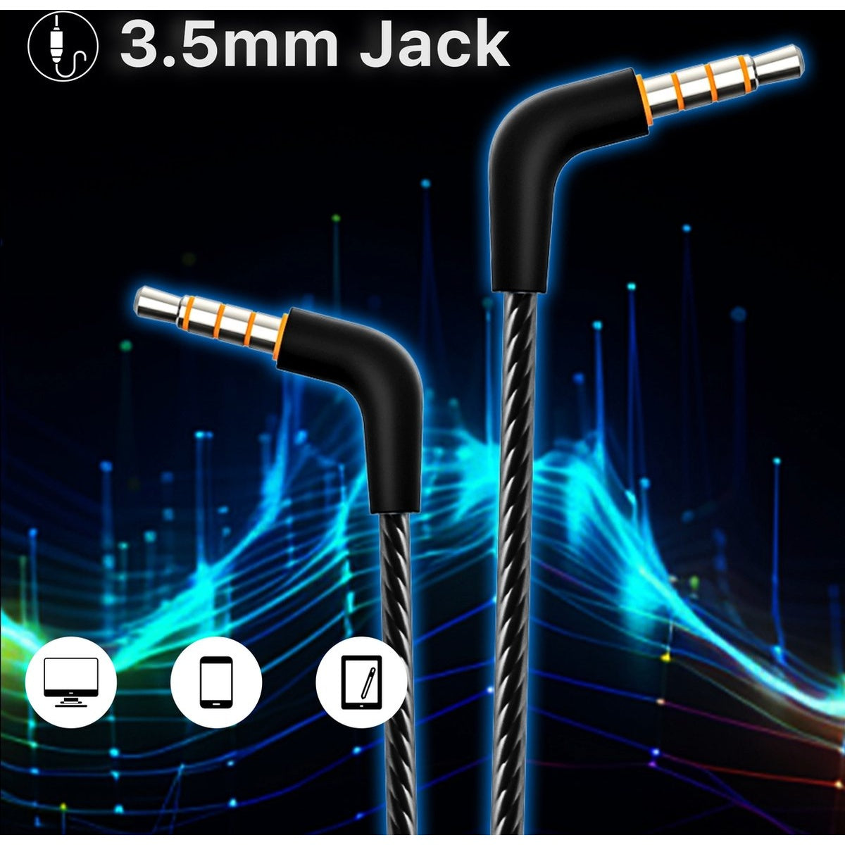 Twee gehoekte 3,5 mm jack audiokabels. De stekkers zijn zilver en oranje. De achtergrond is blauw met digitale golfpatronen en apparaatpictogrammen.