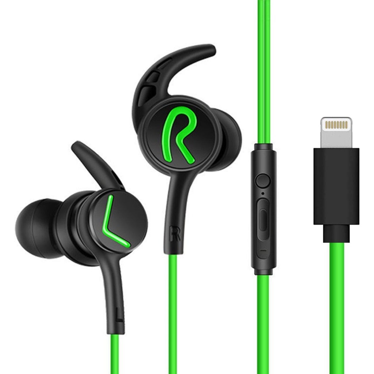 Zwarte en groene oortelefoons met Lightning-connector. De oortelefoons hebben groene accenten en de letters L en R. De kabel is groen.