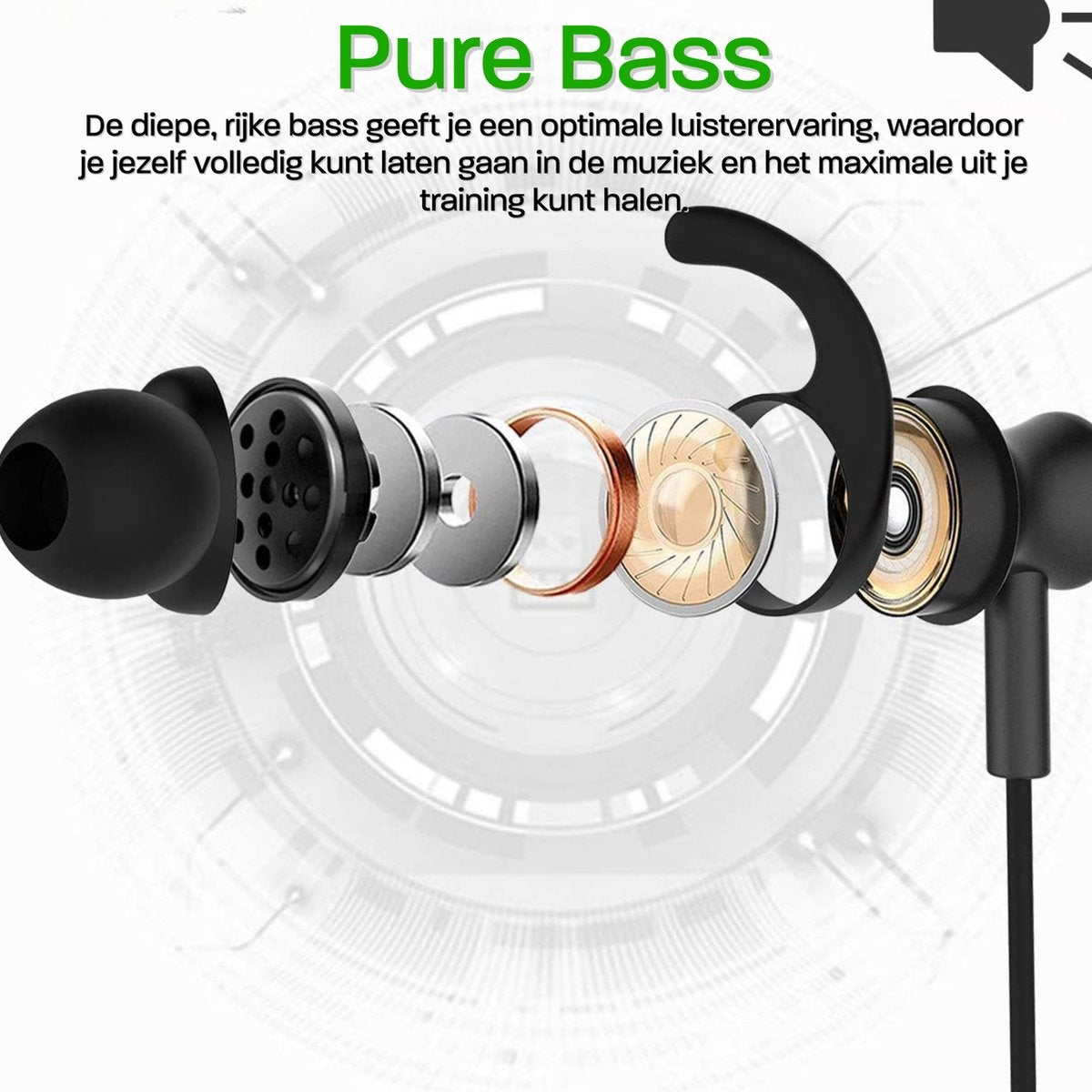 Een ontploft aanzicht van zwarte oordopjes, met zichtbare componenten. Bovenin staat 'Pure Bass'.
