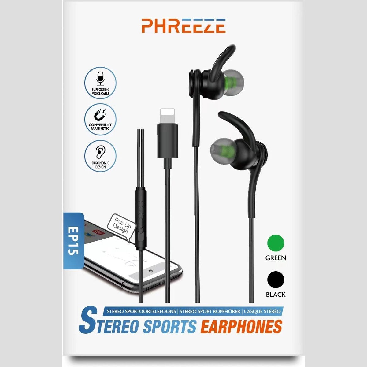 Zwarte en groene sportoortelefoons met een Lightning-connector, samen met pictogrammen en tekst op de productverpakking. Het merk is PHREEZE.