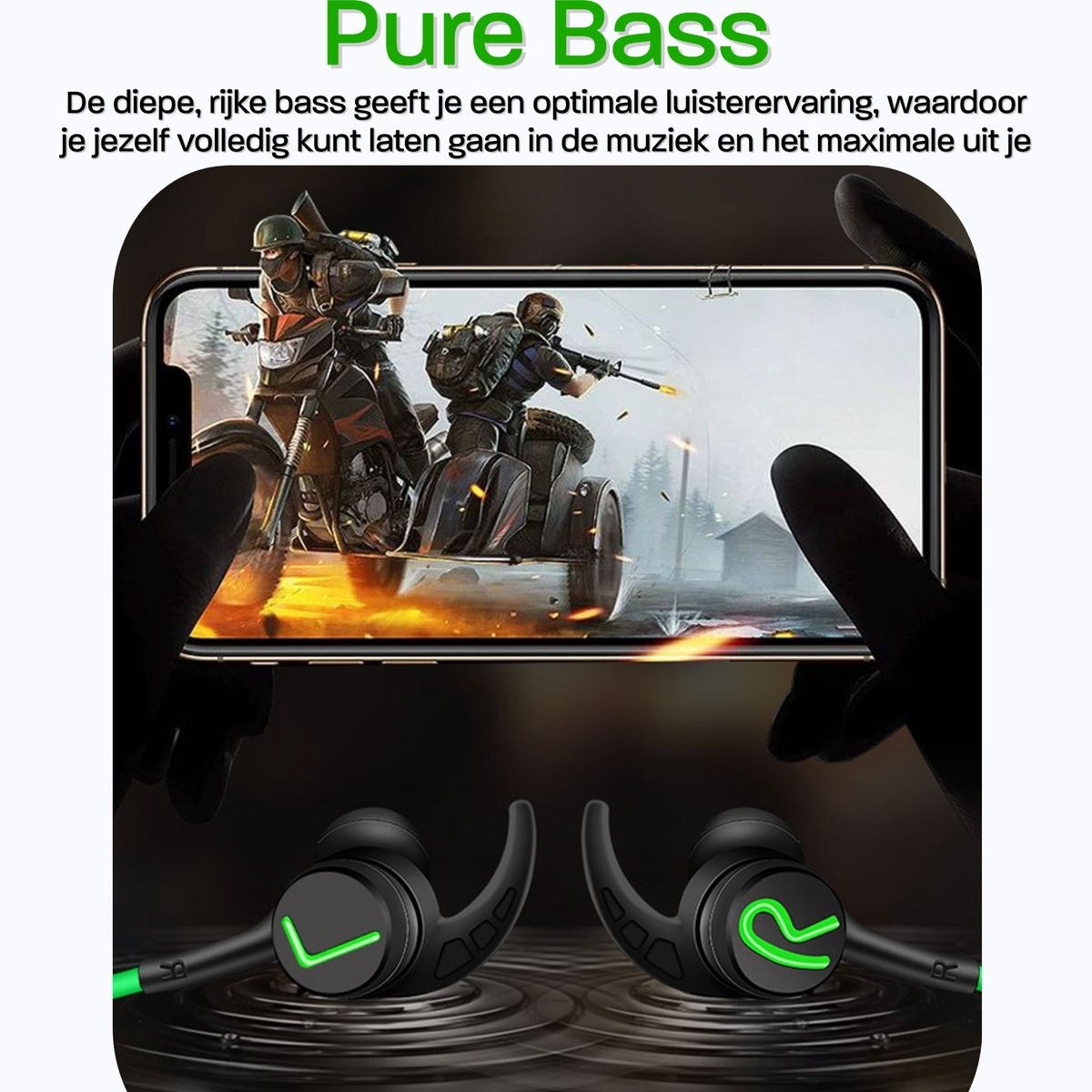 Afbeelding toont oortelefoons onder een telefoon met een game-scène. Handen houden de telefoon vast. Bovenstaande tekst luidt 'Pure Bass'.