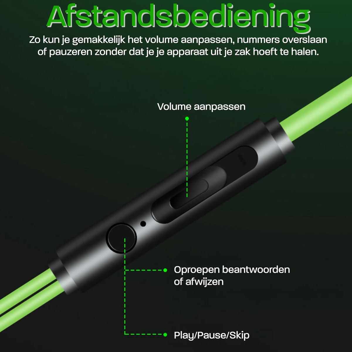 Afbeelding toont afstandsbediening met volumeregeling, oproep beantwoorden en afspeel/pauze/skip-knoppen. Groene kabel en tekst op donkere achtergrond.