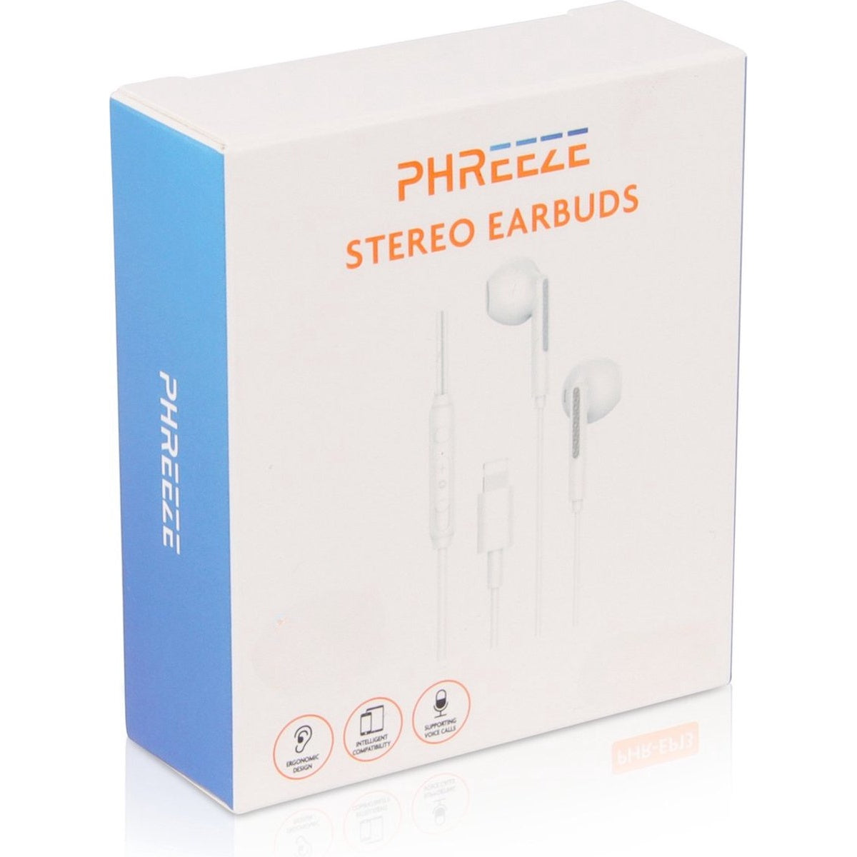 Een witte doos met blauwe zijkant bevat 'PHREEZE STEREO EARBUDS'. Toont oortjes illustratie en pictogrammen voor functies.