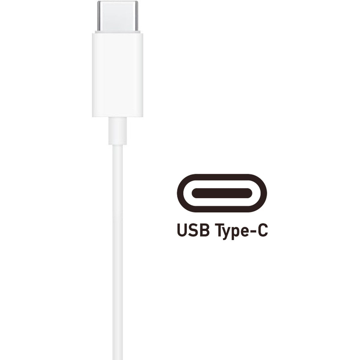 Een witte USB Type-C-kabel met een witte connector. Het USB-symbool en de tekst 'USB Type-C' staan rechts.