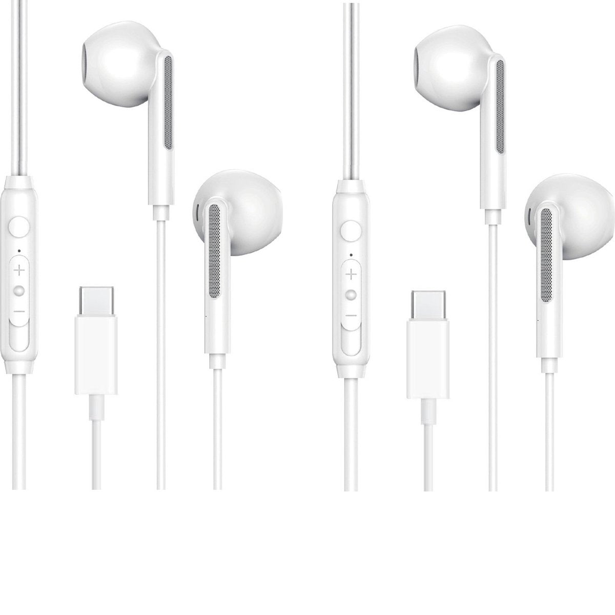 Witte bedrade oortelefoons met een USB-C-connector, plus- en minbediening. Elke oortelefoon heeft een geperforeerd oppervlak.