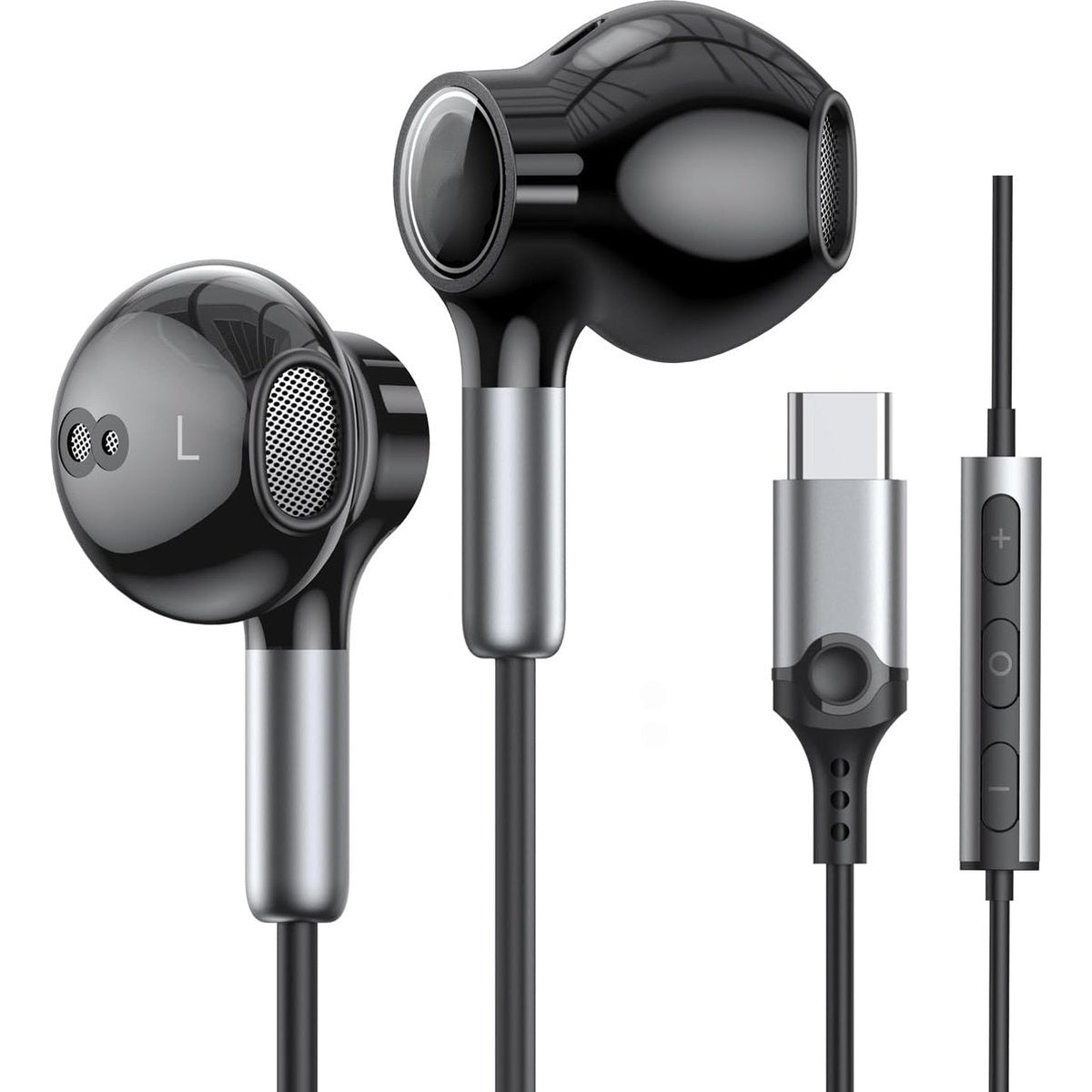 Zwarte en zilveren in-ear hoofdtelefoon met USB-C-connector en een bedieningsmodule. De linkeroordop is gemarkeerd met "L".