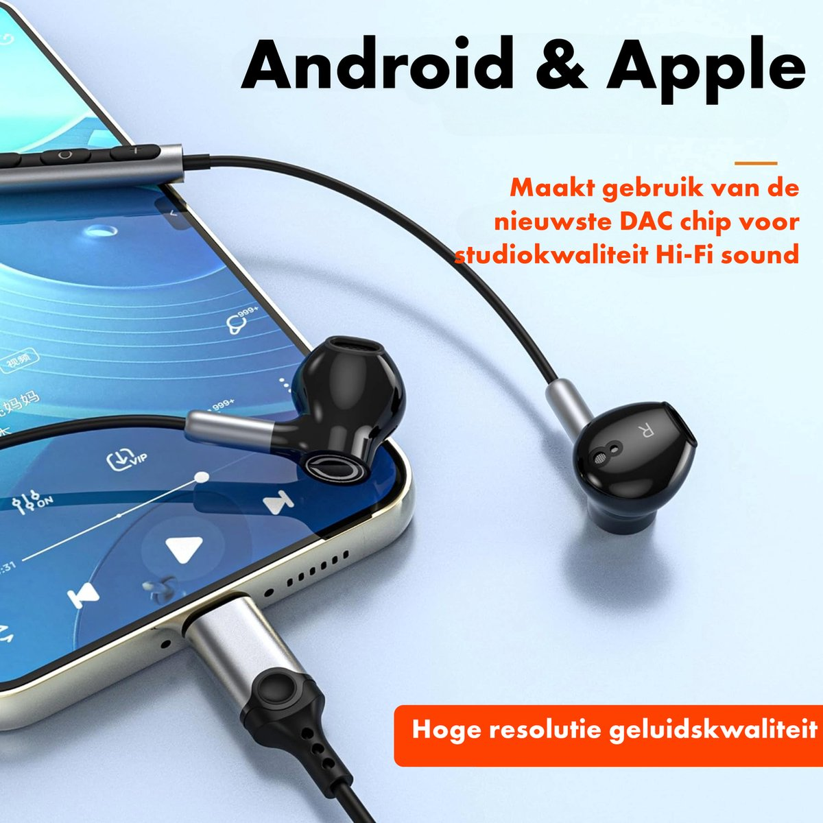 Zwarte oortelefoons aangesloten op een telefoon, met tekst 'Android & Apple' en promotietekst, die hoogwaardige geluidsfuncties benadrukt.
