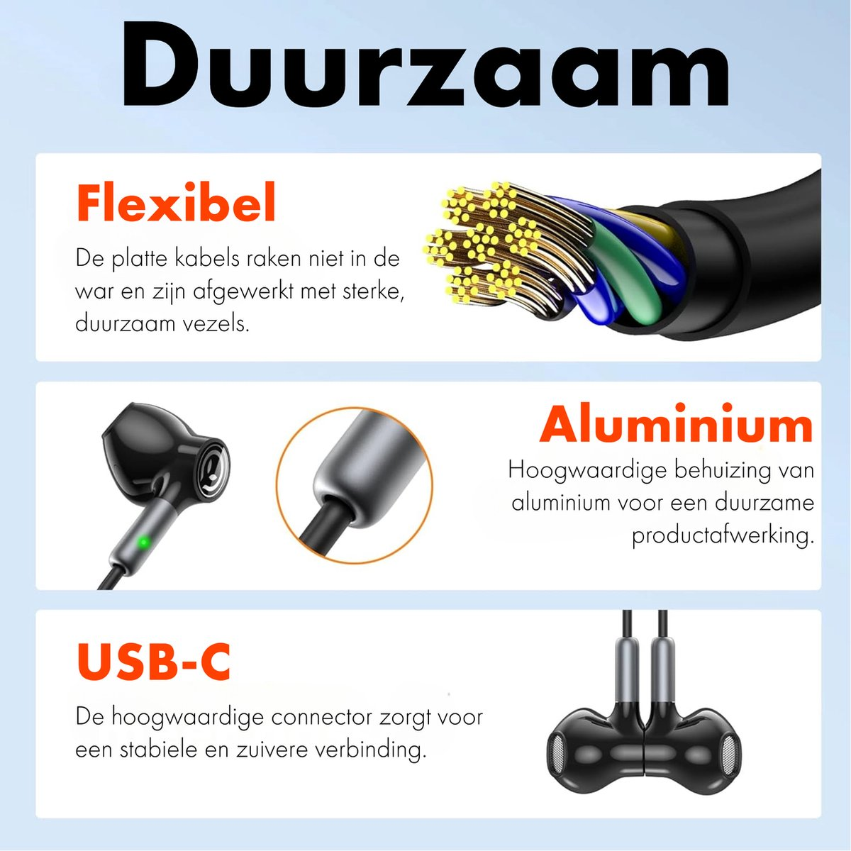 Afbeelding toont "Duurzaam" met secties voor flexibele kabels, aluminium en USB-C-connectoren. Benadrukt producteigenschappen.