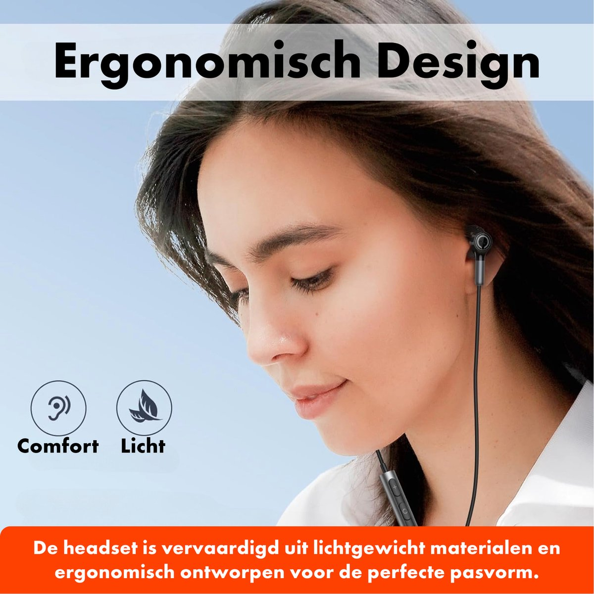 Een vrouw die een oortelefoon draagt. De tekst luidt 'Ergonomisch Design'. Pictogrammen voor 'Comfort' en 'Licht' zijn aanwezig. De tekst hieronder beschrijft de headset.